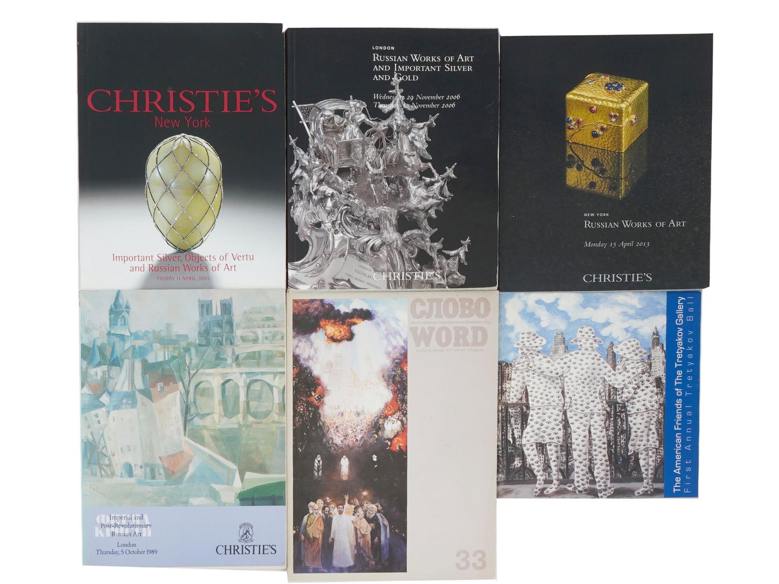 CHRISTIES AUCTION CATALOGS AND ART PUBLICATIONS: A group of notable auction catalogs and publications, including Christies April 2003 Catalog, Important Silver, Objects of Vertu, and Russian Works of Art, Christies November 2006, Russian Works of Ar