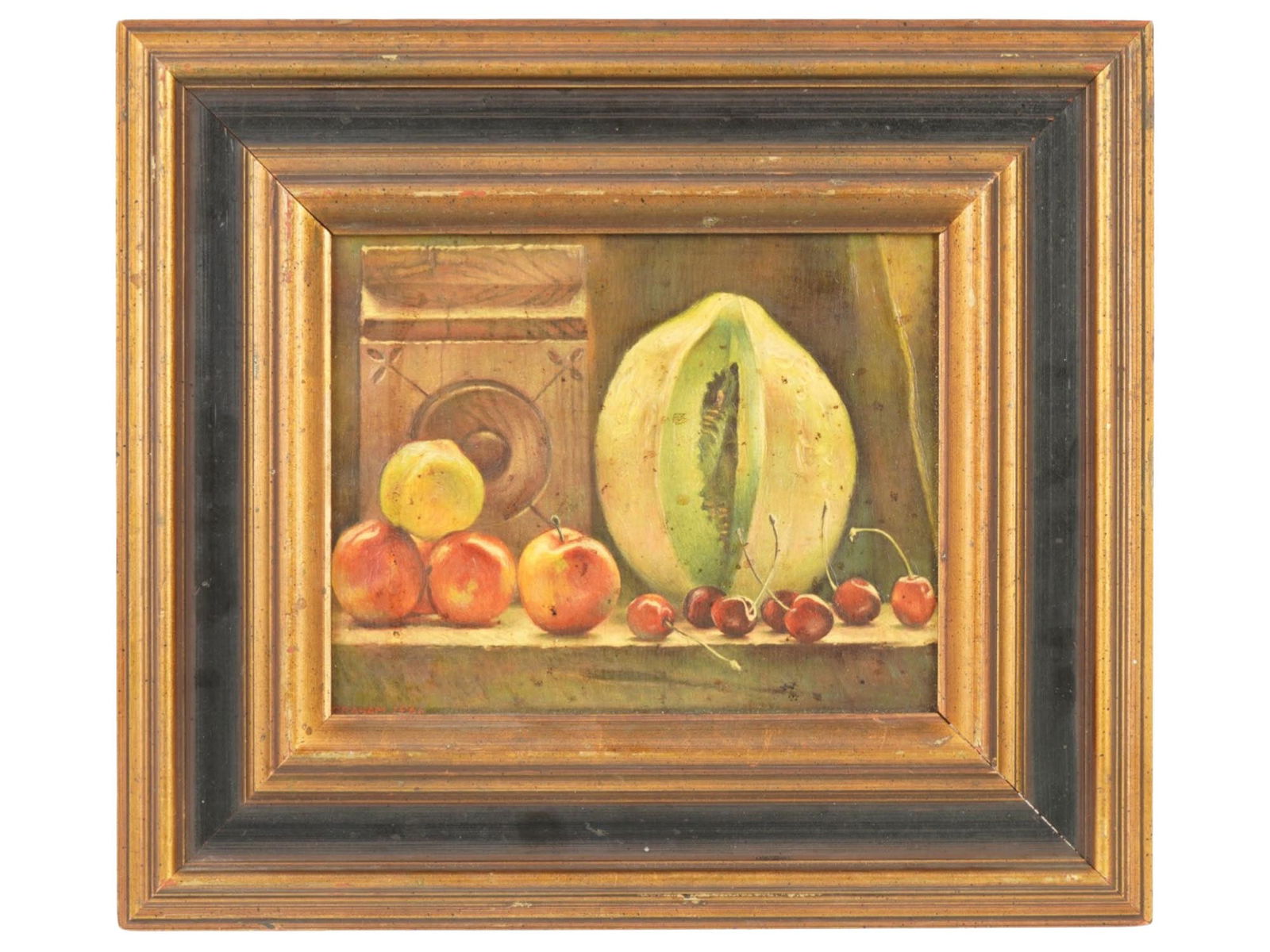 STILL LIFE ART PRINT SIGNED ROBERT MACDONALD GRAHAM 1966: An art print on canvas signed Robert MacDonald Graham. It depicts a still life arrangement of a cut honeydew melon, peaches, and cherries on a table next to a wooden object. Robert MacDonald Graham,