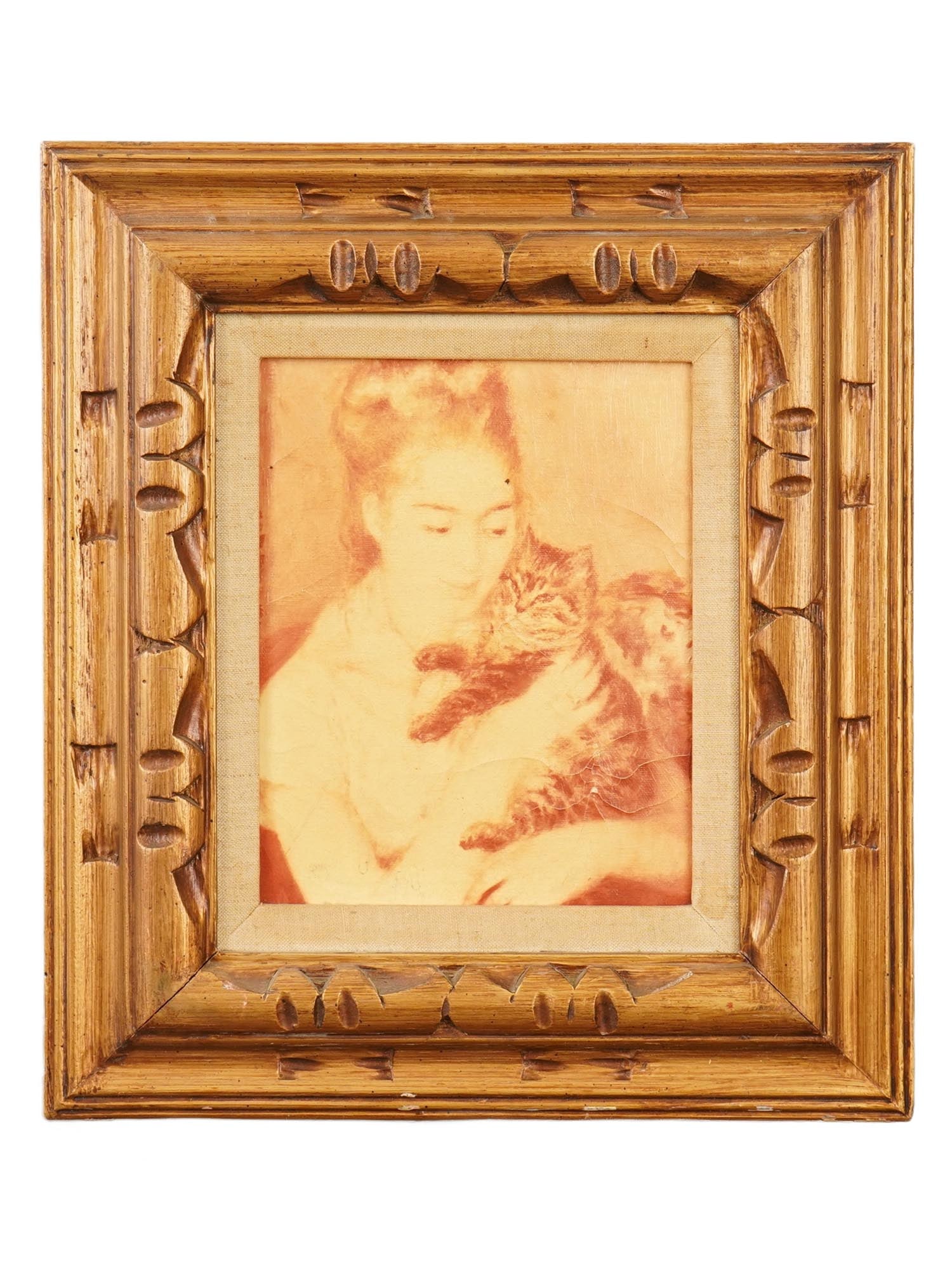 PRINT ON CANVAS PORTRAIT OF A YOUNG GIRL WITH A CAT: A print on canvas, likely dating from the 1920s or earlier, featuring a sepia-toned portrait of a young girl holding a cat in her arms. The image has a soft-focus quality characteristic of early