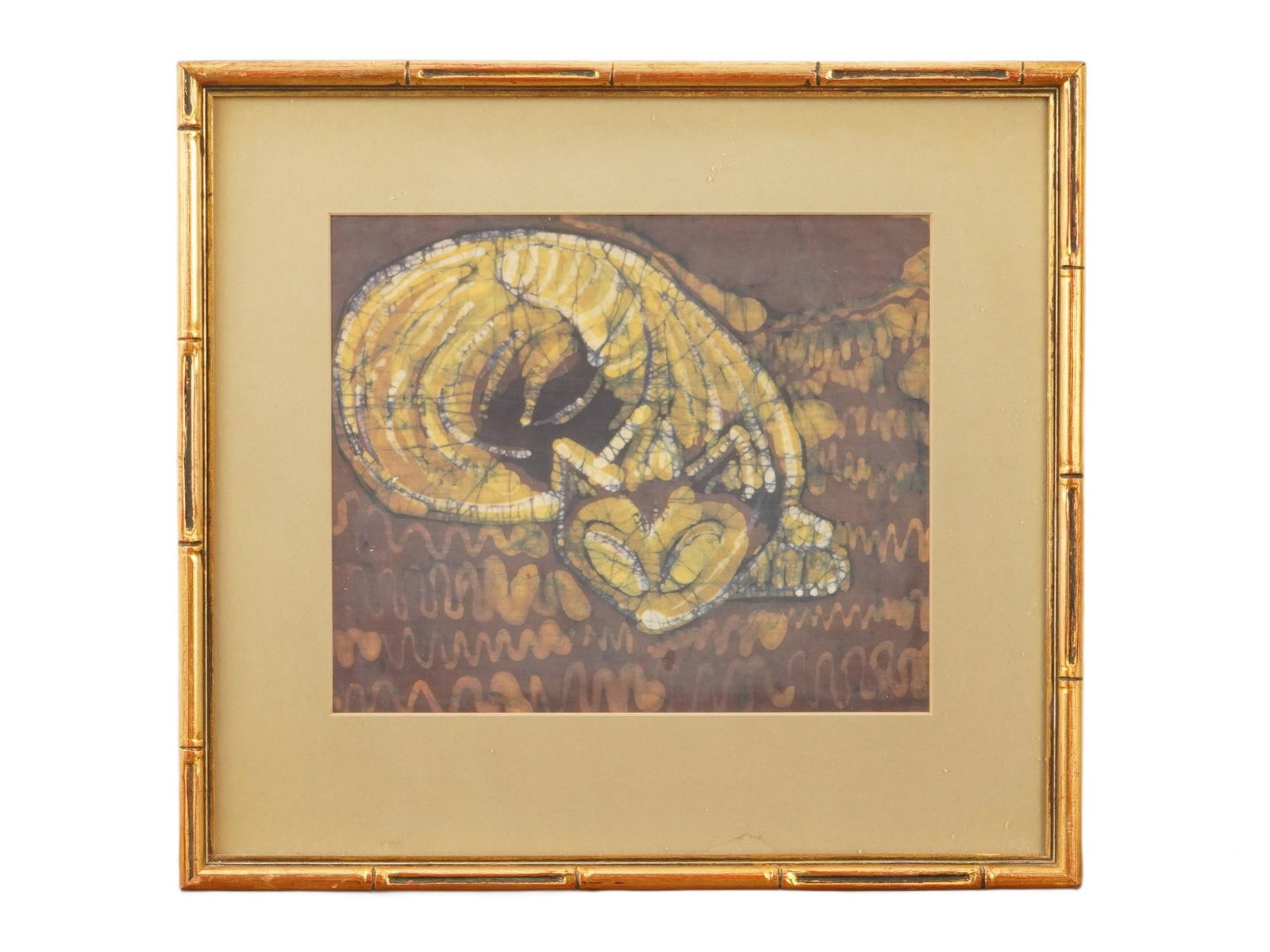 MID CENTURY PRINT ON SILK ABSTRACT YELLOW CAT: A mid-century print on silk, likely dating to the mid-20th century, featuring an abstract depiction of a yellow cat with a heart motif set against a rich brown background. Framed. Mid Century Prints