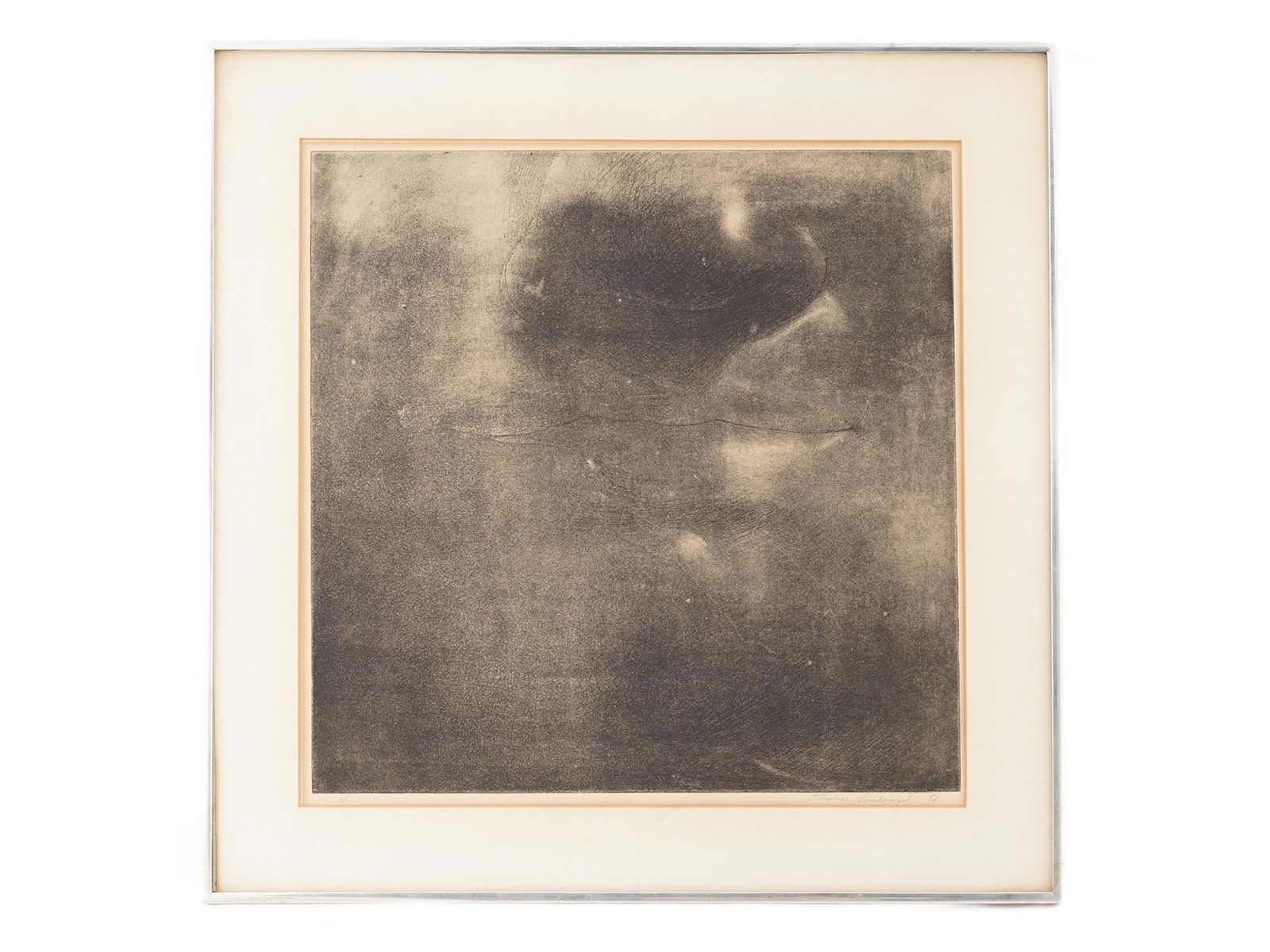 ABSTRACT ETCHING BLACK SQUARE SIGNED 1968: An abstract etching on paper of square shape, likely depicting a part of the face - nose with lips. Signed lower right. Matted and framed. Dated 1968. Inscribed on the back. Bears a paper label from t