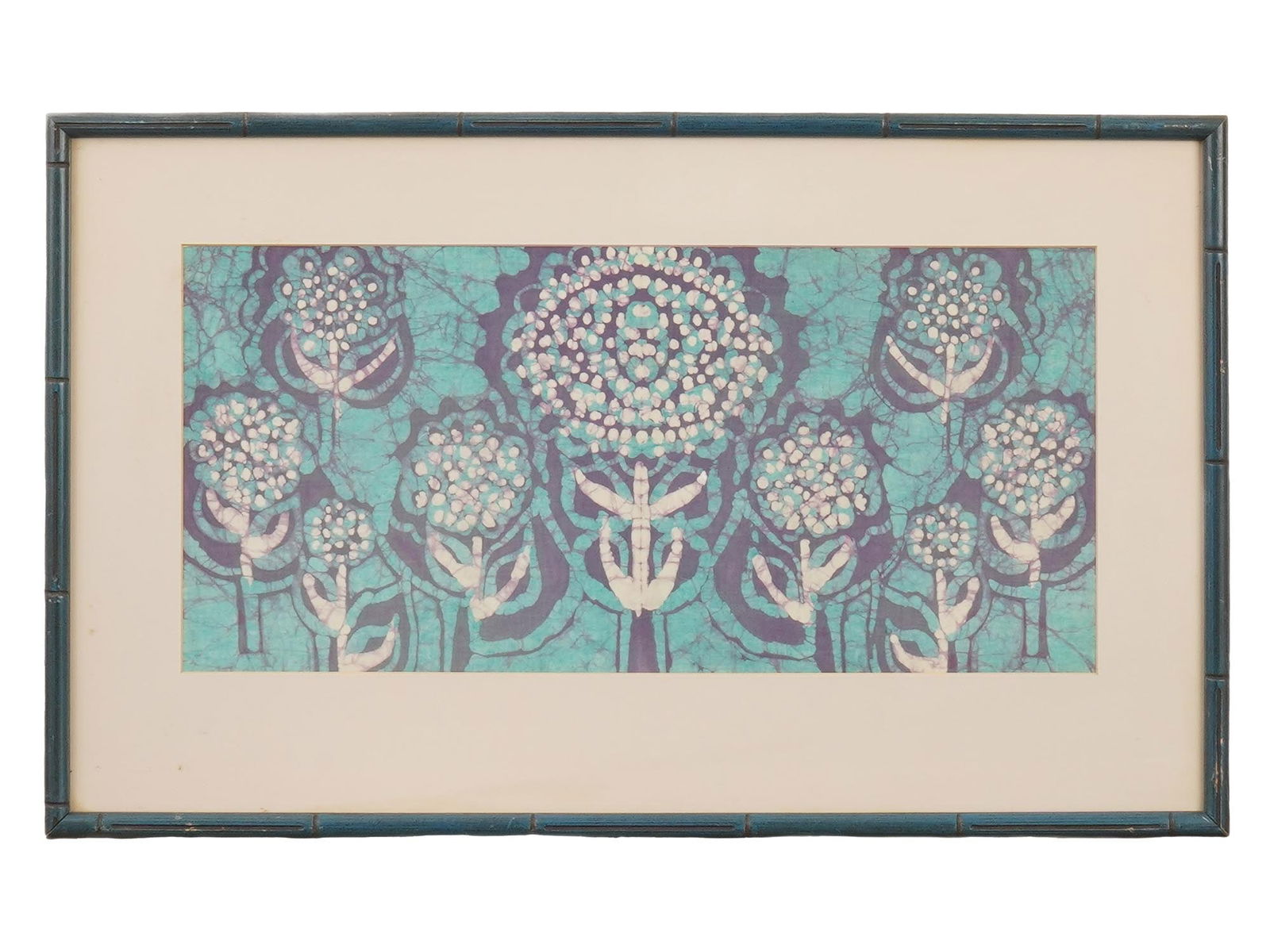 VINTAGE SILK PRINT WITH A STYLIZED FLORAL PATTERN: A vintage silk print featuring a highly stylized floral pattern in shades of teal, purple, and white. The design reflects the influence of the Arts and Crafts movement, which emphasized handcrafted
