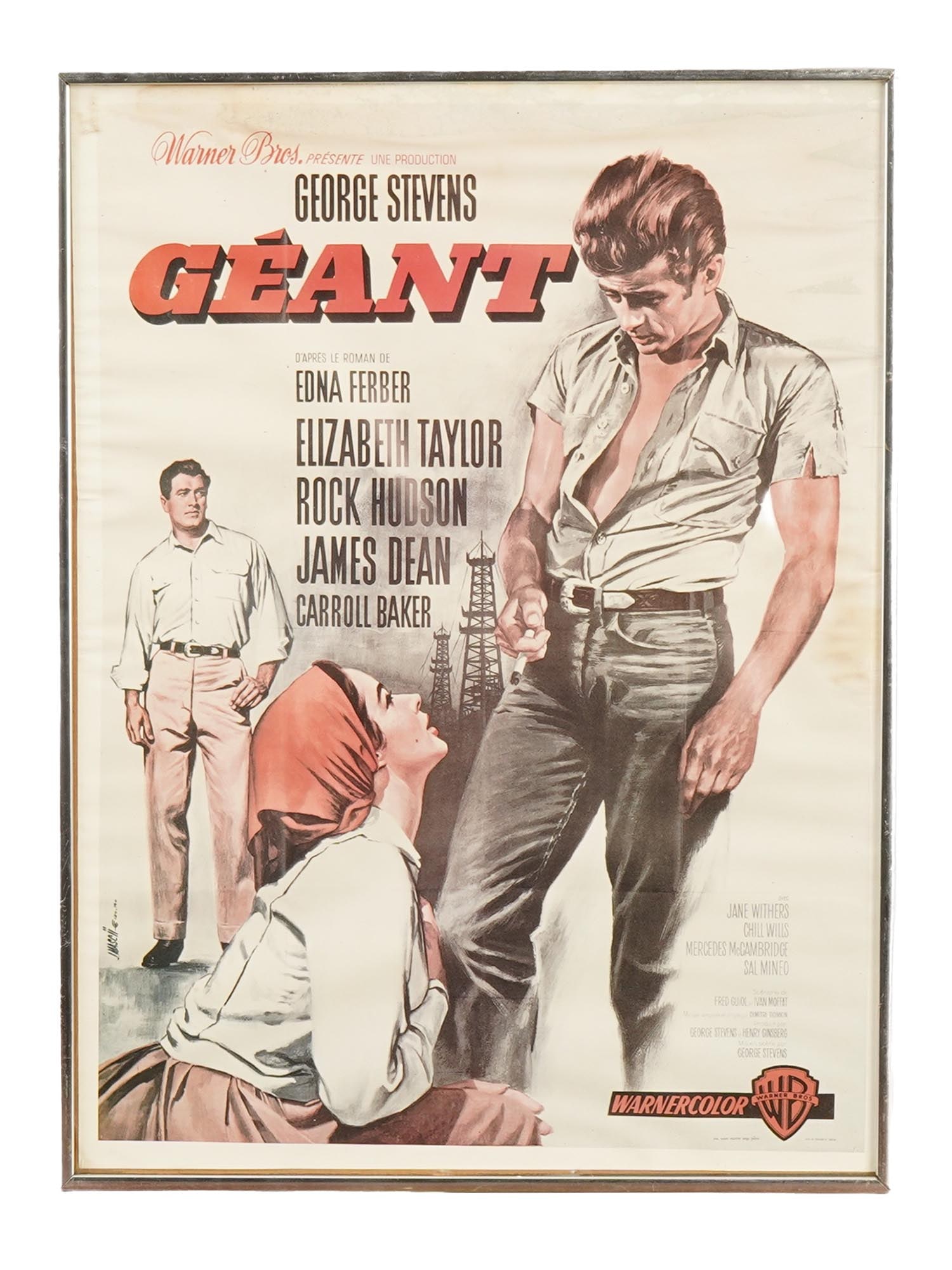 VINTAGE FRENCH GIANT MOVIE POSTER BY JEAN MASCII: A vintage French movie poster for the film Giant, directed by George Stevens. Artist Jean Mascii, 1926 to 2003. Inscribed on the center and lower right. Starring: Elizabeth Taylor, Rock Hudson, James