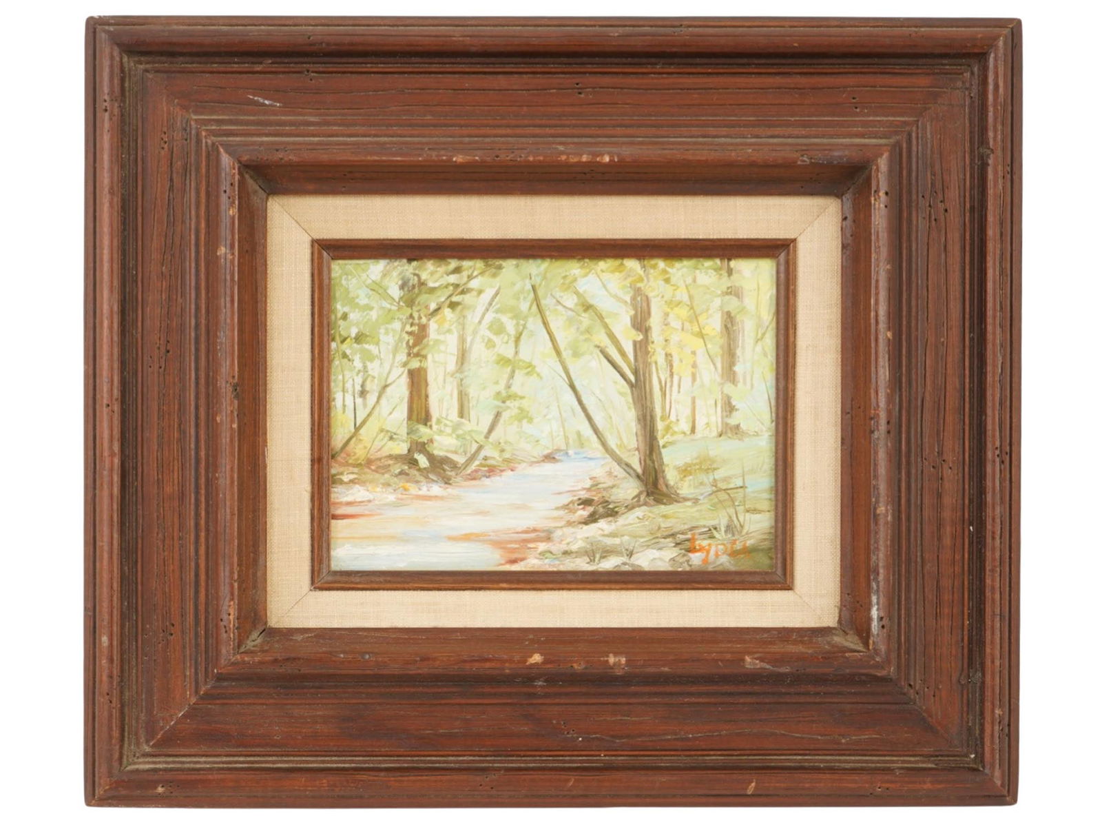 CONTEMPORARY LANDSCAPE OIL PAINTING BY LYDIA LUTZ: Lydia Lutz, a Contemporary American artist, an oil painting on board depicting a forest landscape. Signed lower right. Framed. Additionally inscribed, Hidden Brook by Lydia Lutz, on the backside. Lydi