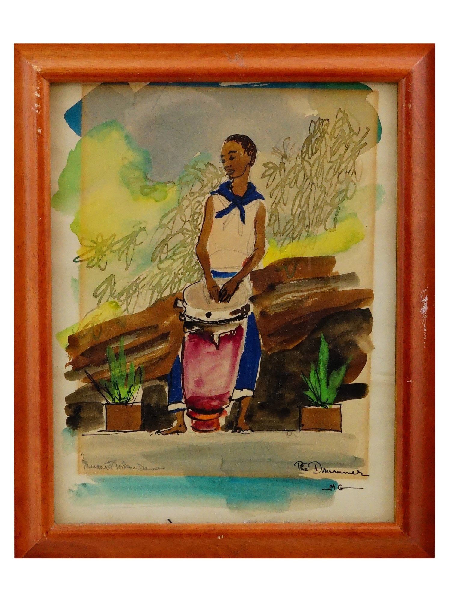 ATTR TO MARGARET GORDON BRITISH WATERCOLOR PAINTING: Attributed to Margaret Anna Gordon, British, 1939 to 1989, a watercolor painting on paper, The Drummer, probably a childrens book illustration. Signed with initials and titled, lower right. Additional