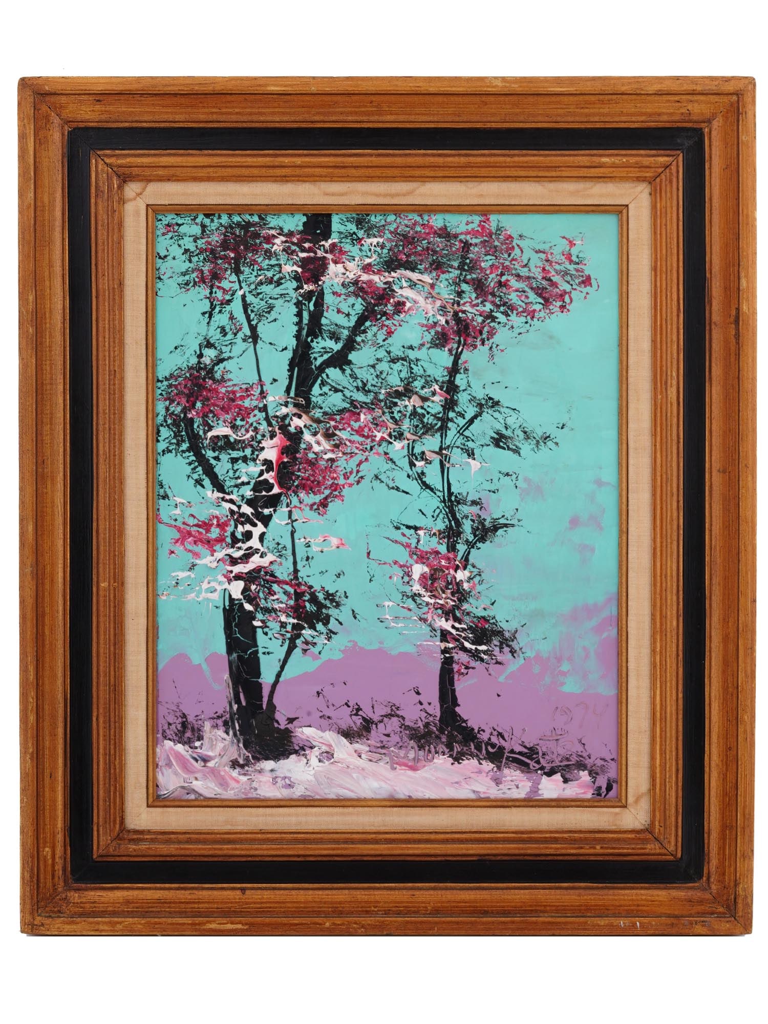 JUDAICA TREE LANDSCAPE OIL PAINTING BY MORRIS KATZ: Morris Katz, Jewish, Polish, Ukrainian, American, 1932 to 2010, oil painting on board depicting a landscape, 1974. Signed and dated, lower right. Framed. Morris Katz was a Polish and American painter.