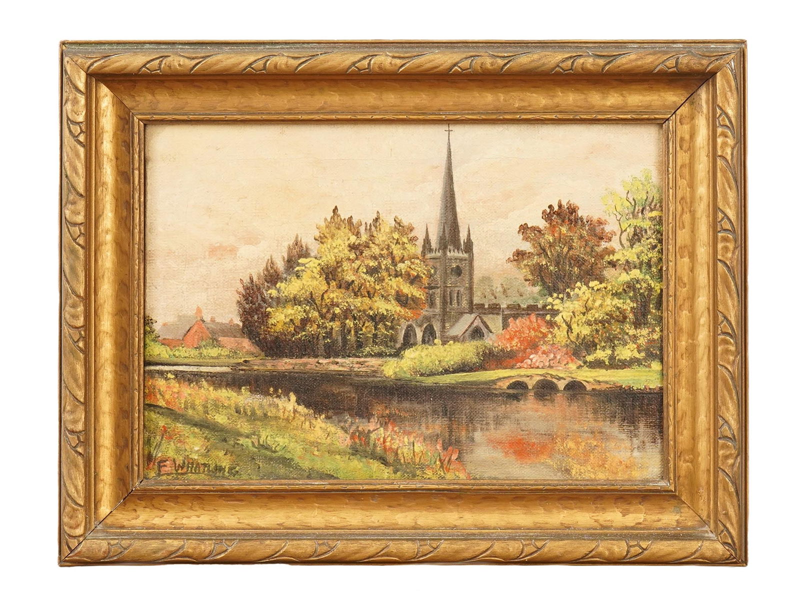 LANDSCAPE PAINTING SIGNED F.WATLING HOLY TRINITY CHURCH: An oil landscape painting on canvas signed F. Watling at the lower left, depicting the iconic Holy Trinity Church in Stratford-upon-Avon. The scene captures the picturesque riverside setting and disti