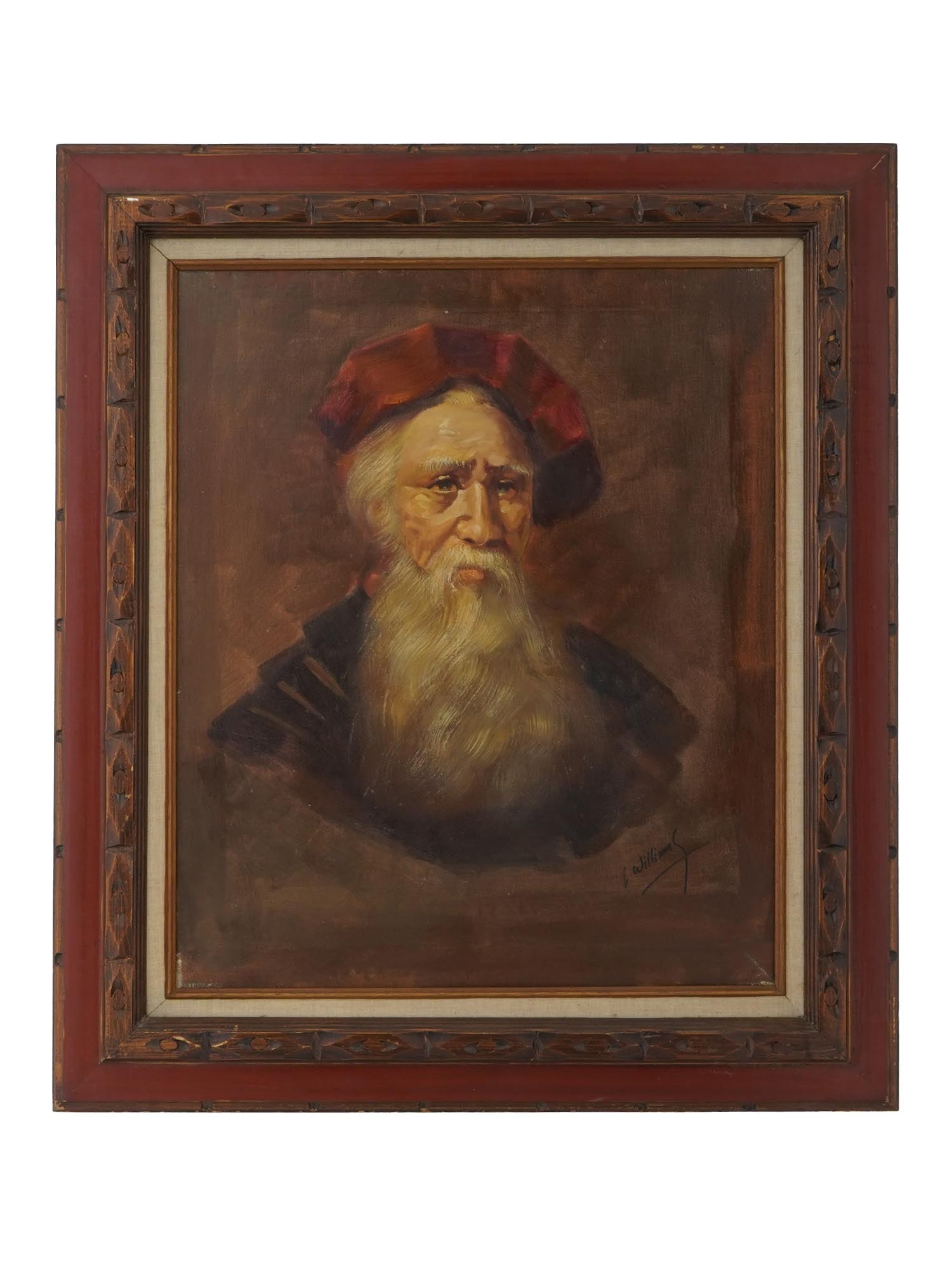 VINTAGE EUROPEAN OIL PORTRAIT PAINTING BY L WILLIAMS: A vintage European school oil on canvas portrait painting by L. Williams. The painting depicts a fine portrait of a wealthy elderly man in a red velvet headdress and a long, wide beard. Signed by the