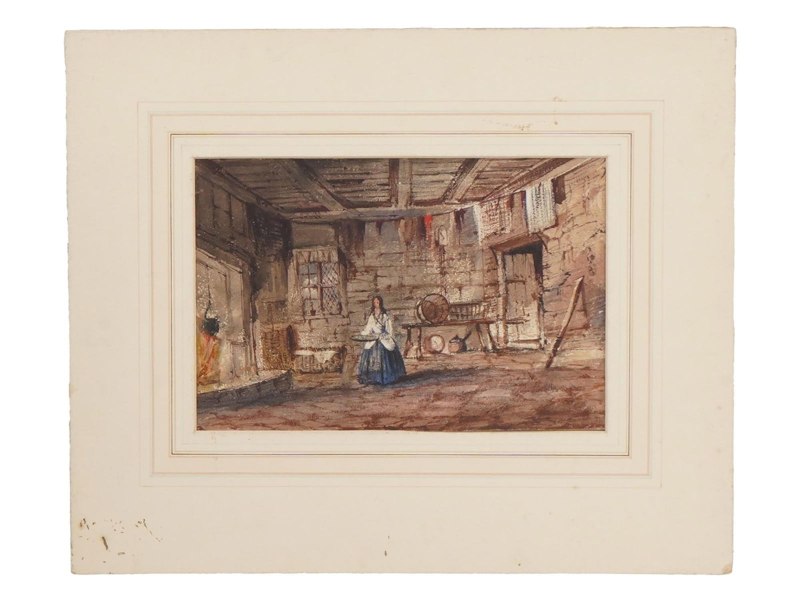 THOMAS SHOTTER BOYS ANTIQUE ENGLISH WATERCOLOR PAINTING: An antique English watercolor on paper painting by Thomas Shotter Boys, 1803 to 1874. The painting depicts a genre scene with a woman walking through a room with a tray in her hands. Provenance: purch