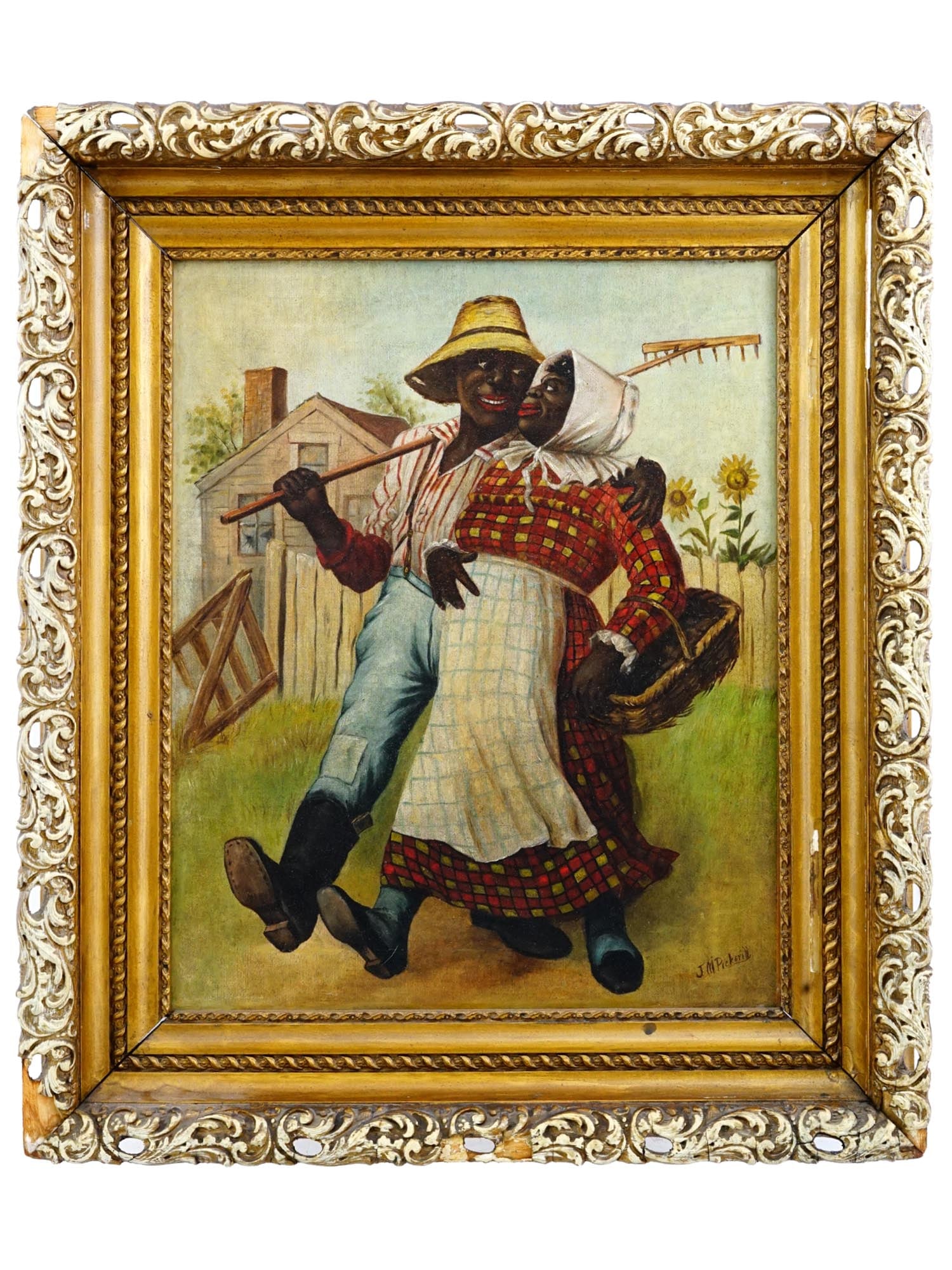 AFRO AMERICAN SCHOOL FOLK ART OIL PAINTING SIGNED: An American School Folk Art oil painting on canvas depicting a rural scene with an African American couple Signed by the artist, J. M. Pickerill, lower right. Framed. Circa: the first half of the 20th