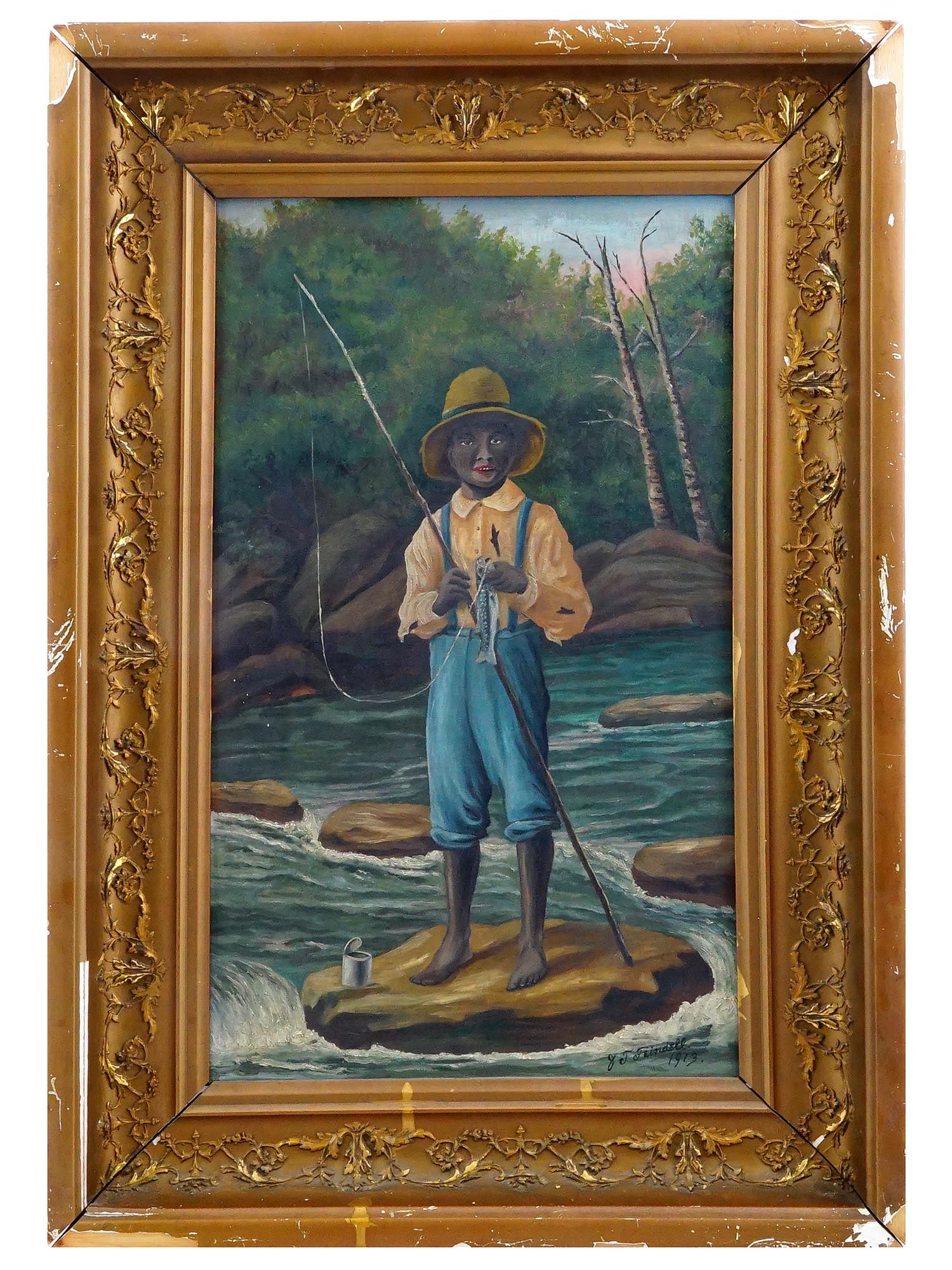 ANTIQUE AFRO AMERICAN SCHOOL FOLK OIL PAINTING SIGNED: An antique American School Folk Art oil painting on canvas depicting an African American fisherman boy in a river landscape, 1913. Signed by the artist, J. Feindell and dated, lower right. Framed. Ame