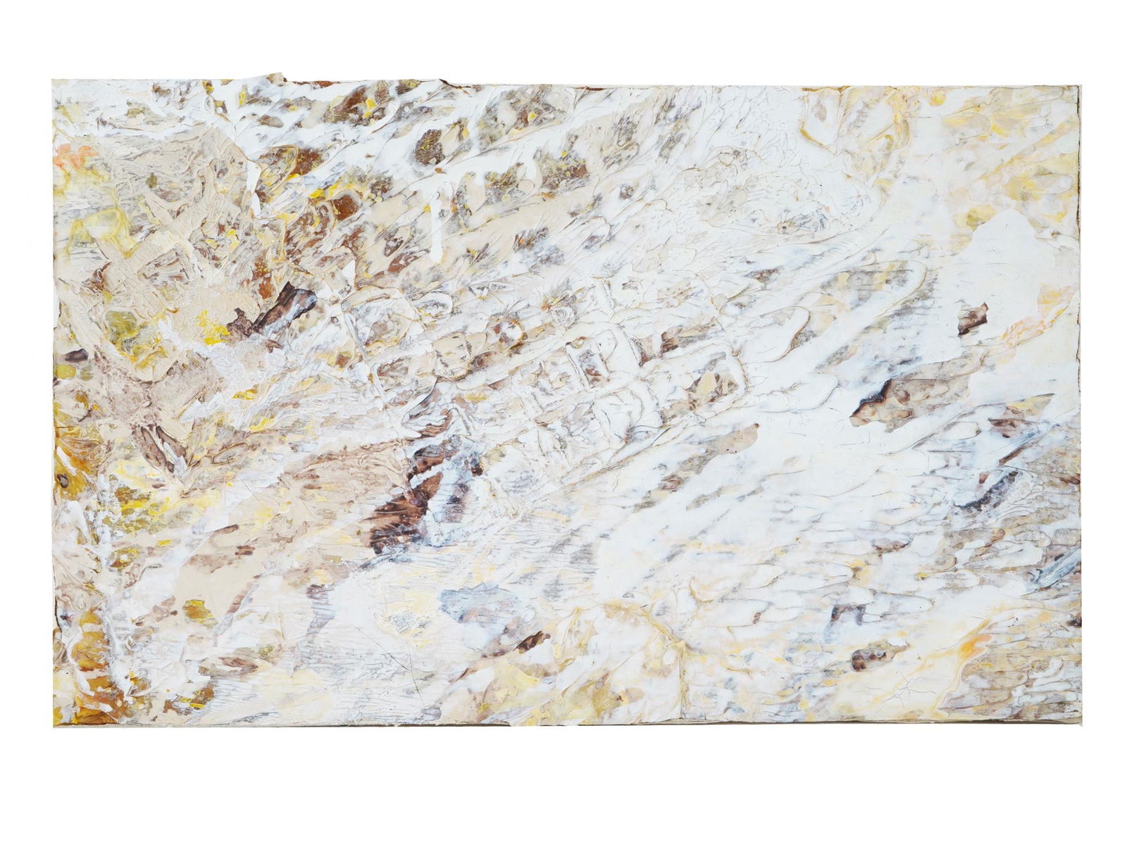 MID CENTURY AMERICAN ABSTRACT ACRYLIC PAINTING: Acrylic on canvas painting. American, mid-20th century. Abstract composition in white, brown, and yellow colors. Impasto technique. Unsigned. Collectible Modernist Fine Art And Wall Decor For Interior