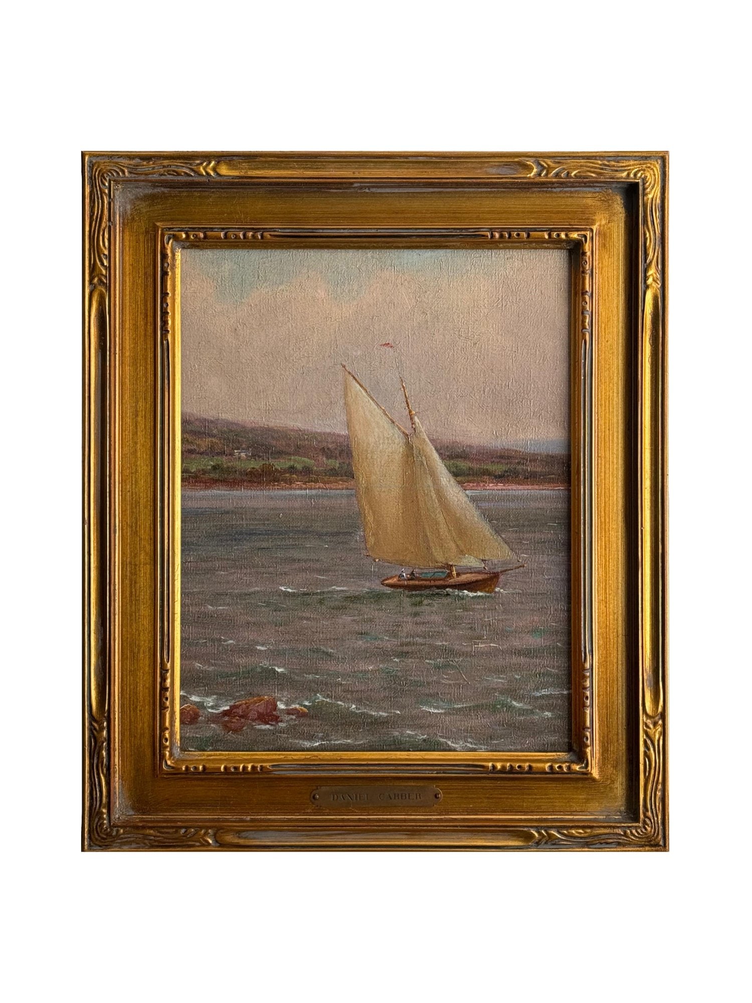 ATTRIBUTED TO DANIEL GARBER AMERICAN PAINTING BOAT: Attributed to Daniel Garber, American, 1880 to 1958, an oil on board painting depicting a boat close to the seashore. Daniel Garber was a prominent member of the Pennsylvania Impressionist school, cel