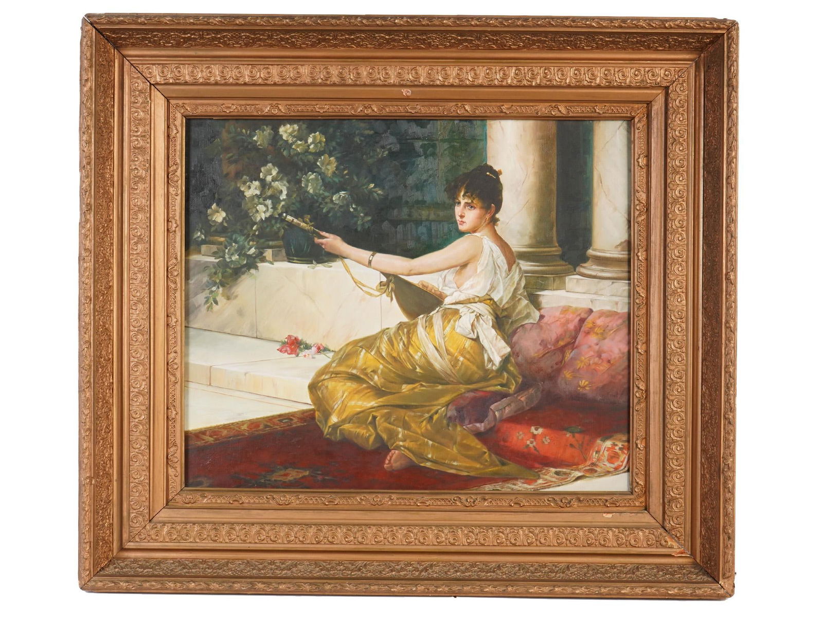 OIL PAINTING MANDOLINATA AFTER CONRAD KIESEL FRAMED: An oil on canvas painting after Conrad Kiesel, German, 1846 to 1921. Titled The Mandolin Player also known as Mandolinata. Kiesel was a highly successful painter and sculptor based in Berlin, known fo
