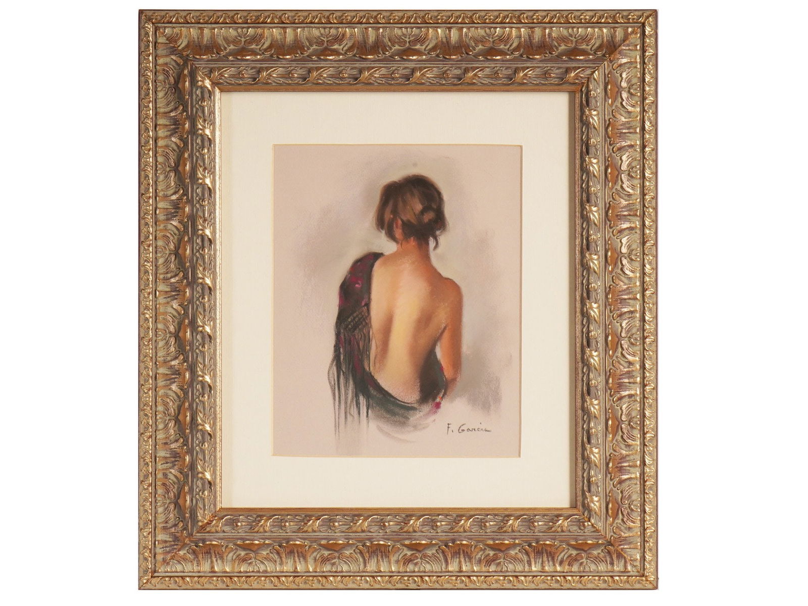 SPANISH PASTEL PORTRAIT PAINTING BY FRANCISCO GARCIA: A pastel on paper portrait painting, depicting a nude woman by Francisco Garcia, Spanish, born 1953. Signed F. Garcia lower right. A study portrait of a young woman seen from behind, draped in an orna
