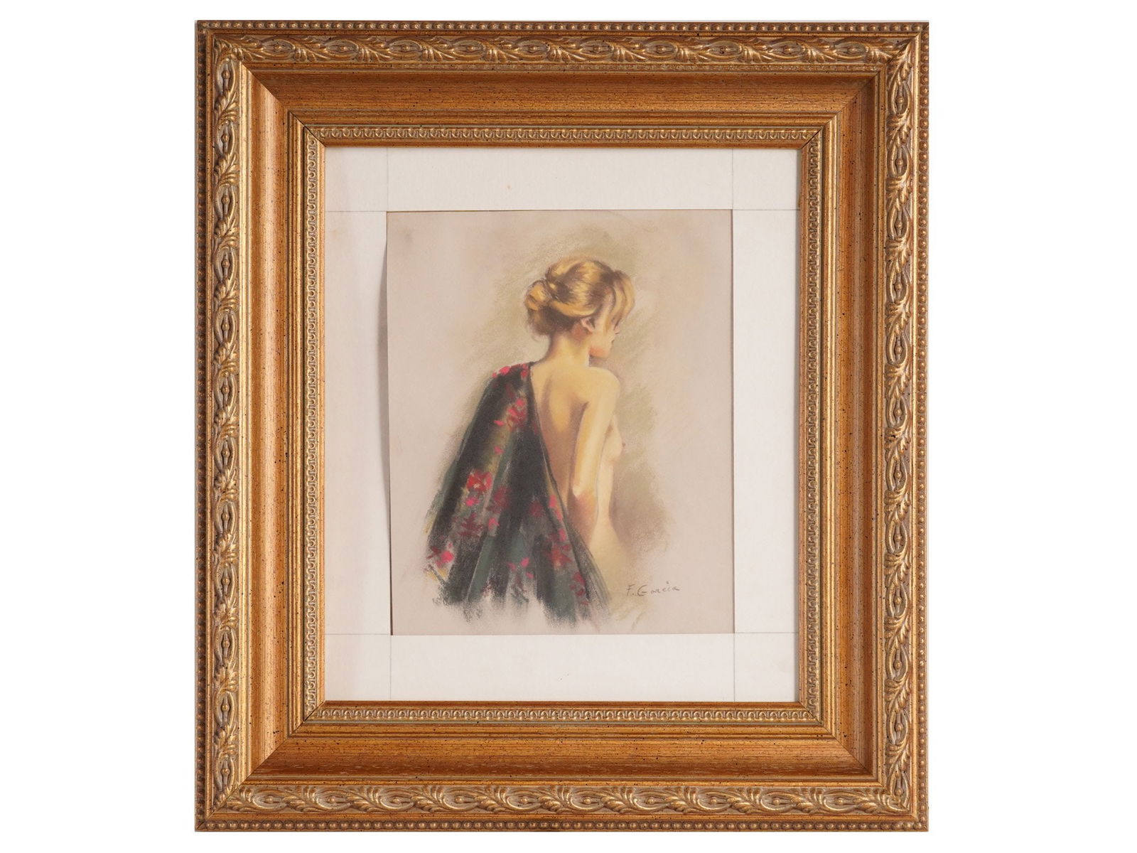 FEMALE PORTRAIT PASTEL PAINTING BY FRANCISCO GARCIA: Francisco Garcia, Spanish, born 1953, pastel painting on paper depicting a portrait of a semi nude woman. Signed lower right. Framed. Francisco Garcia is a Spanish painter, known for female portraits.