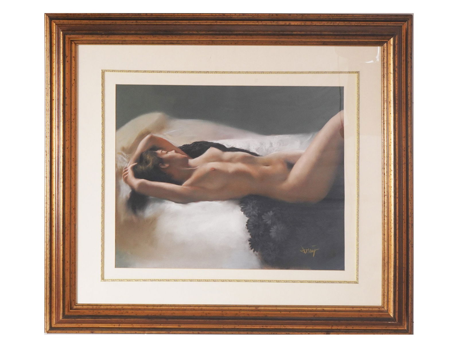 MODERNIST FEMALE NUDE PORTRAIT PASTEL PAINTING SIGNED: A Modernist pastel painting on paper depicting a portrait of a reclining nude woman. Illegibly signed by the artist, lower right. Framed. Modernist and Contemporary Fine Art, Female Portrait Paintings