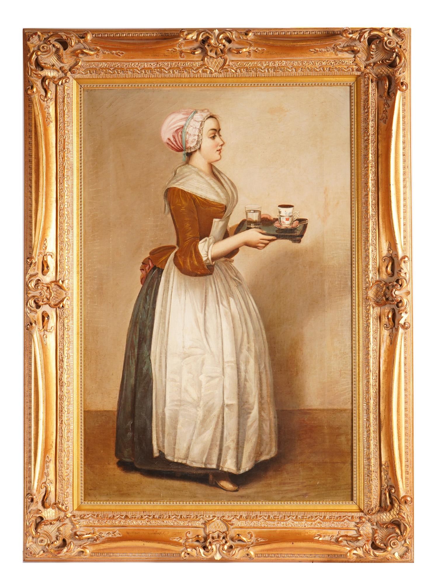 EUROPEAN OIL PAINTING AFTER JEAN ETIENNE LIOTARD: An oil painting on canvas depicting a portrait of a maid carrying a tray of hot chocolate, after the original pastel painting on parchment, The Chocolate Girl, La Belle Chocolatiere, by the 18th centu