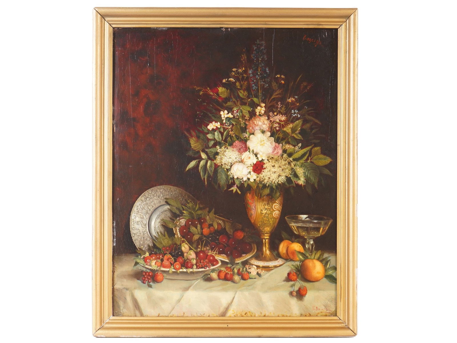 ANTIQUE CZECH OIL PAINTING BY EDMUND KREGCZY: Edmund Kregczy, Czech, 1855 to 1916, an oil painting on wood depicting a still life with fruits, flowers, and a dish. Signed by the artist on the upper and lower right. Circa the late 19th century. Fr