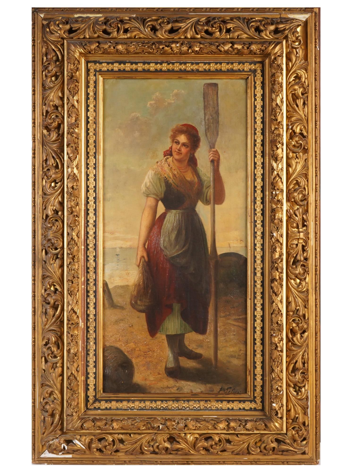 ATTR TO ANTON TESLER AUSTRIAN PAINTING WOMAN W A PADDLE: Attributed to Anton Tesler, Austrian, 1861 to 1942, an oil painting on canvas, signed lower right. The composition depicts a woman holding a paddle. Tesler was known primarily as a genre painter, crea
