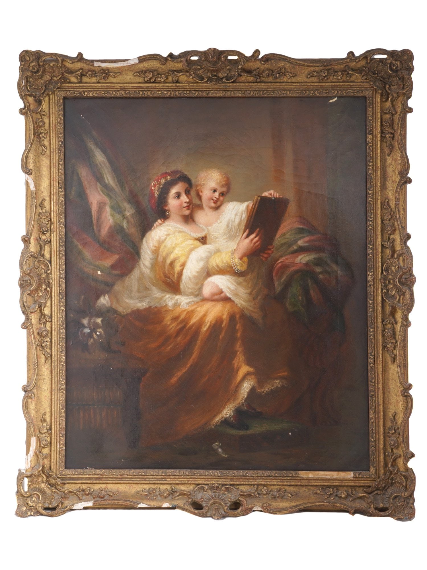 ANTIQUE PAINTING MOTHER AND CHILD BY NORA CHEASE: An antique oil painting on canvas depicting an intimate scene of a mother and child looking into a mirror by Nora Chease, a British artist who was born in the 19th Century. Signed and dated 1884 on th