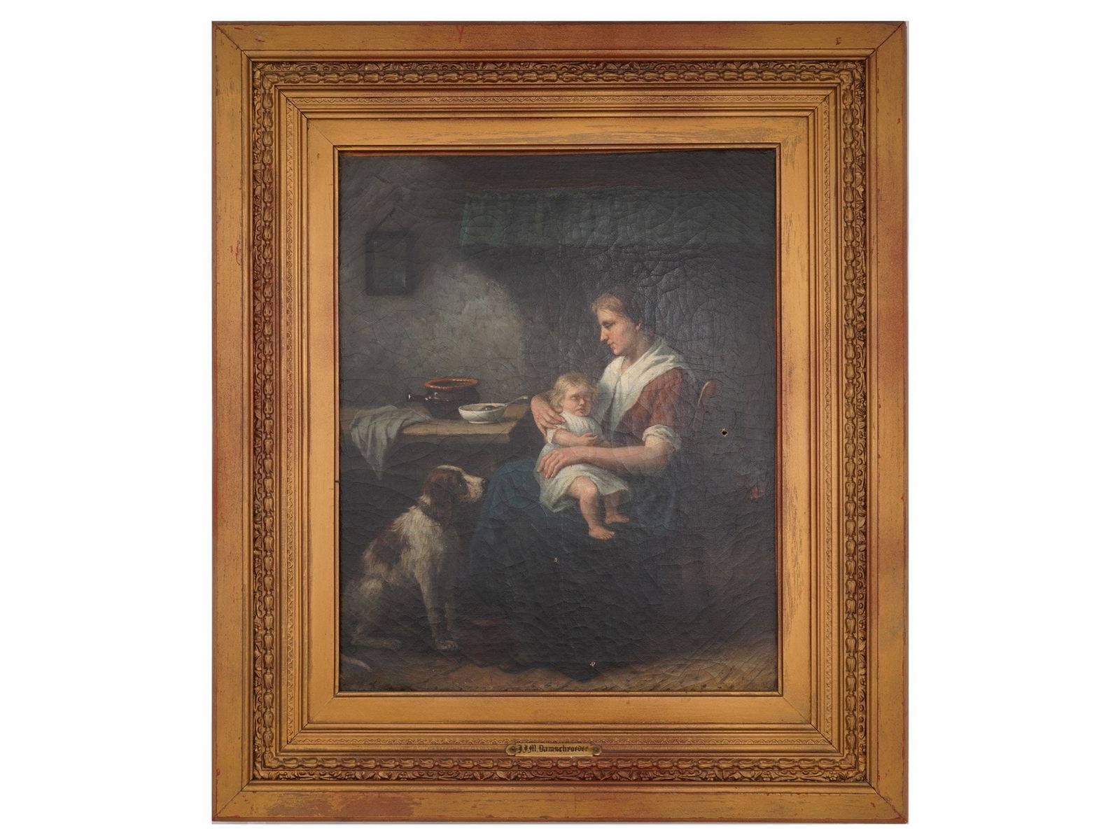 ATTR TO DAMSCHRODER DUTCH PAINTING MOTHER AND CHILD: Attributed to Jan Jacobus Matthijs Damschroder, Dutch, 1825 to 1905, an oil painting on canvas dated 1884, depicting a tender interior scene of a mother and child accompanied by a dog. Framed. With th