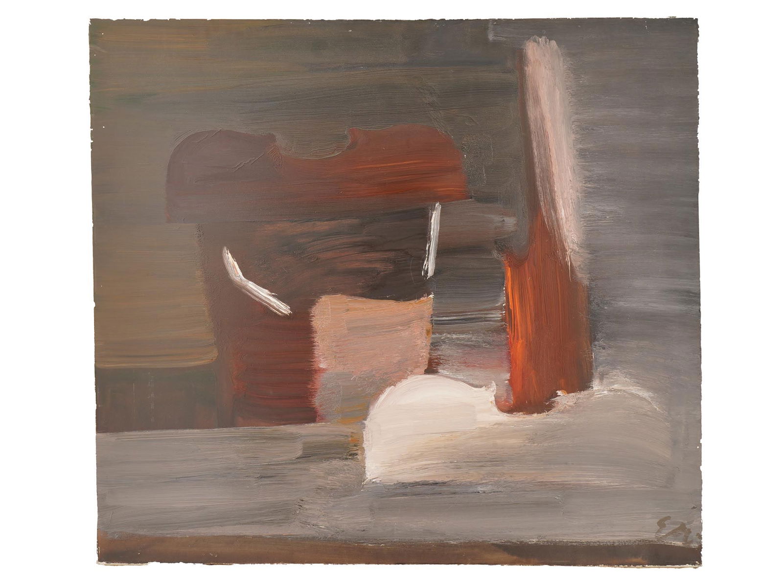 CONTEMPORARY LATVIAN OIL PAINTING BY EDVARDS GRUBE: Edvards Grube, Latvian, 1935 to 2022, an oil painting on canvas, Shards, 1988. Signed with initials, lower right. Additionally inscribed, titled and dated, on the backside. A paper label of the Art Sa