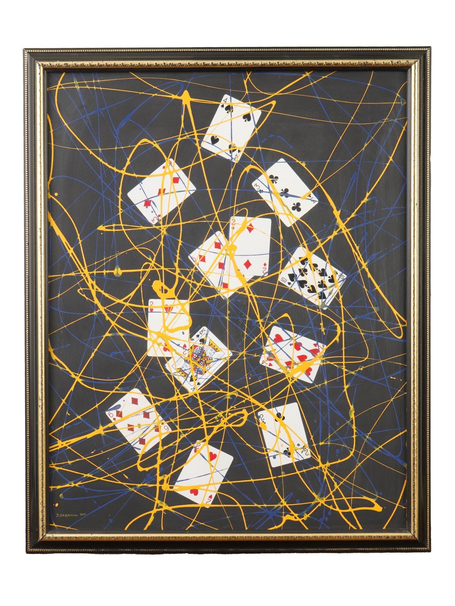AMERICAN CARD MIXED MEDIA PAINTING BY DIMITRY GERRMAN: Dimitry Gerrman, Belarusian, American, born 1955, a mixed media painting, Composition with Cards, 2001. Signed and dated, lower left. Framed. Additionally signed, titled, dated and inscribed, on the b