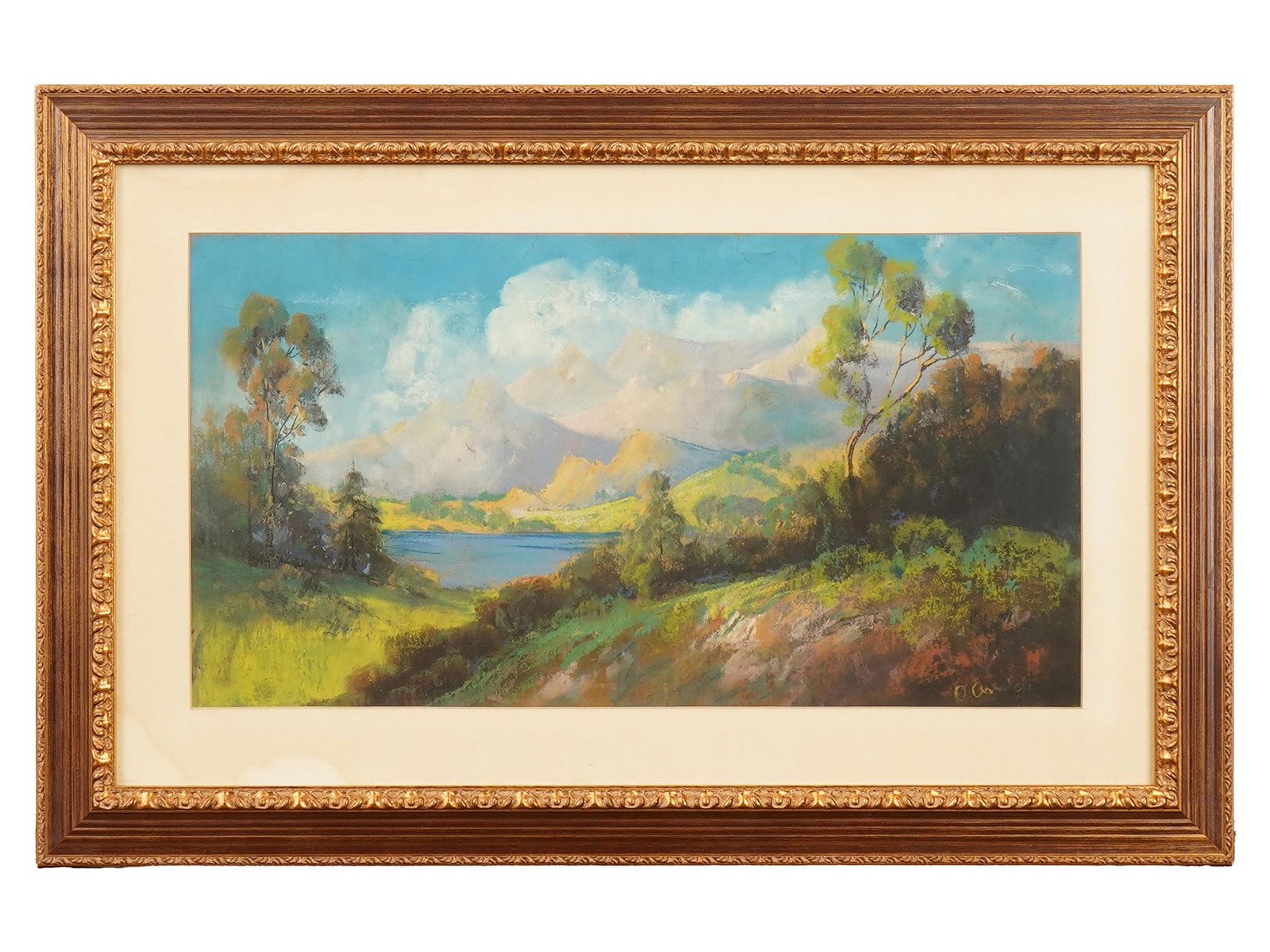 MID CENTURY PASTEL LANDSCAPE PAINTING LAKE SIGNED: A mid-century pastel landscape painting on paper depicting a serene scene of a lake surrounded by mountains. The artwork is signed in the lower right corner. Framed. Landscape Painting And Art Collect