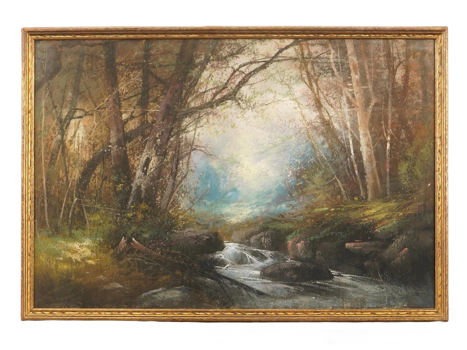 MID CENTURY PASTEL LANDSCAPE PAINTING RIVER WOODED AREA: A mid-century pastel landscape painting on paper depicting a tranquil river flowing through a wooded area. The work emphasizes naturalistic detail, soft color transitions, and serene scenery, capturin