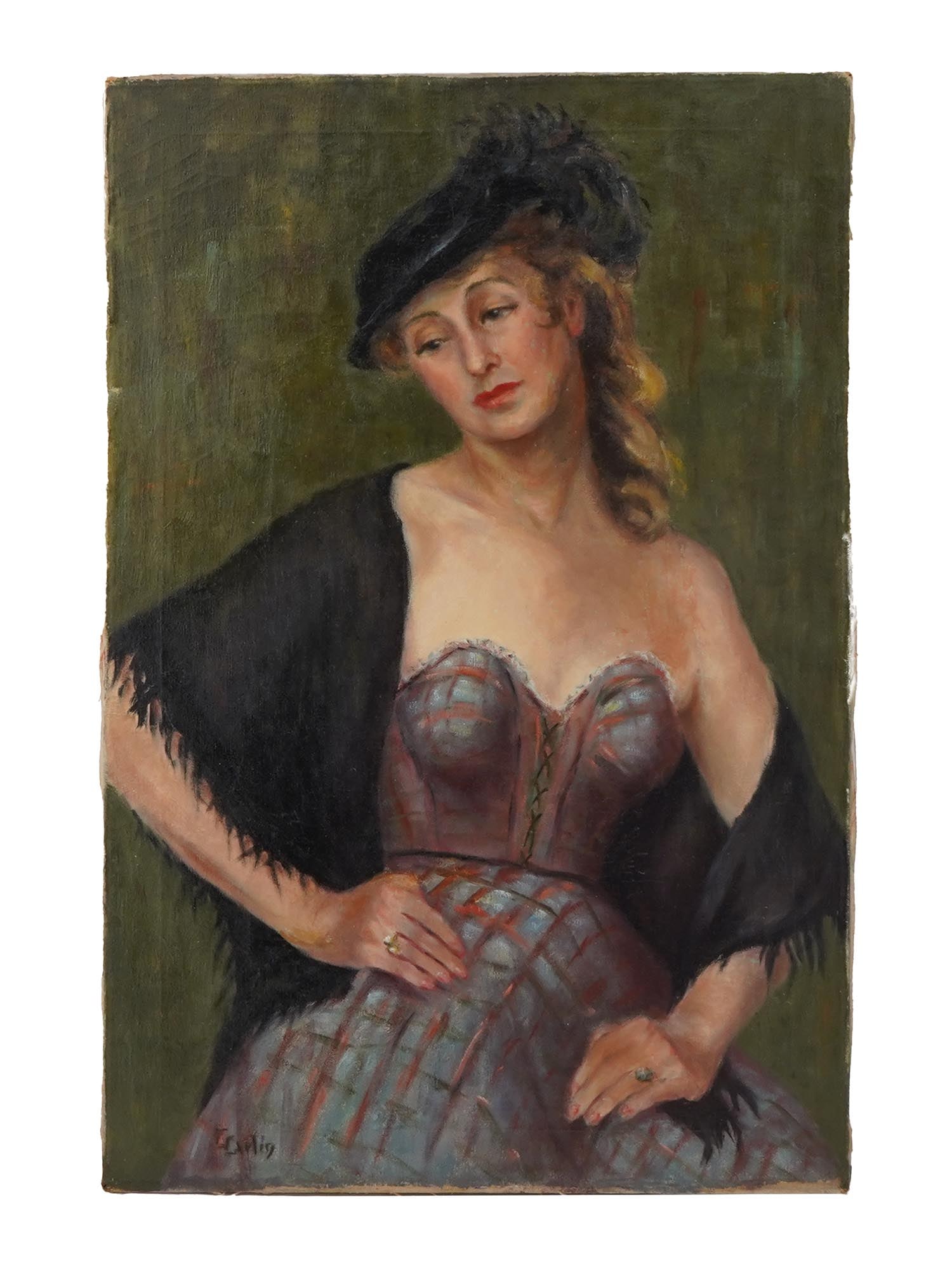 ATTR TO JAMES CARLIN AMERICAN PORTRAIT OIL PAINTING: Attributed to James Carlin, American, 1906 to 2005, an oil painting on canvas depicting a portrait of a woman. Signed lower left. Additionally inscribed, on the backside. James Carlin, an internationa