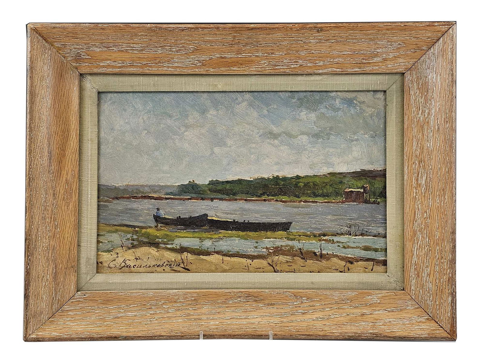 UKRAINIAN SEASCAPE PAINTING BY SERGEI VASILKOVSKY: Oil on board painting by Sergei Vasilkovsky, 1854 to 1917, a Ukranian landscape artist. The artwork depicts a river with boats. Titled Zaporizhzhia on the backside. Signed by the artist in the lower l