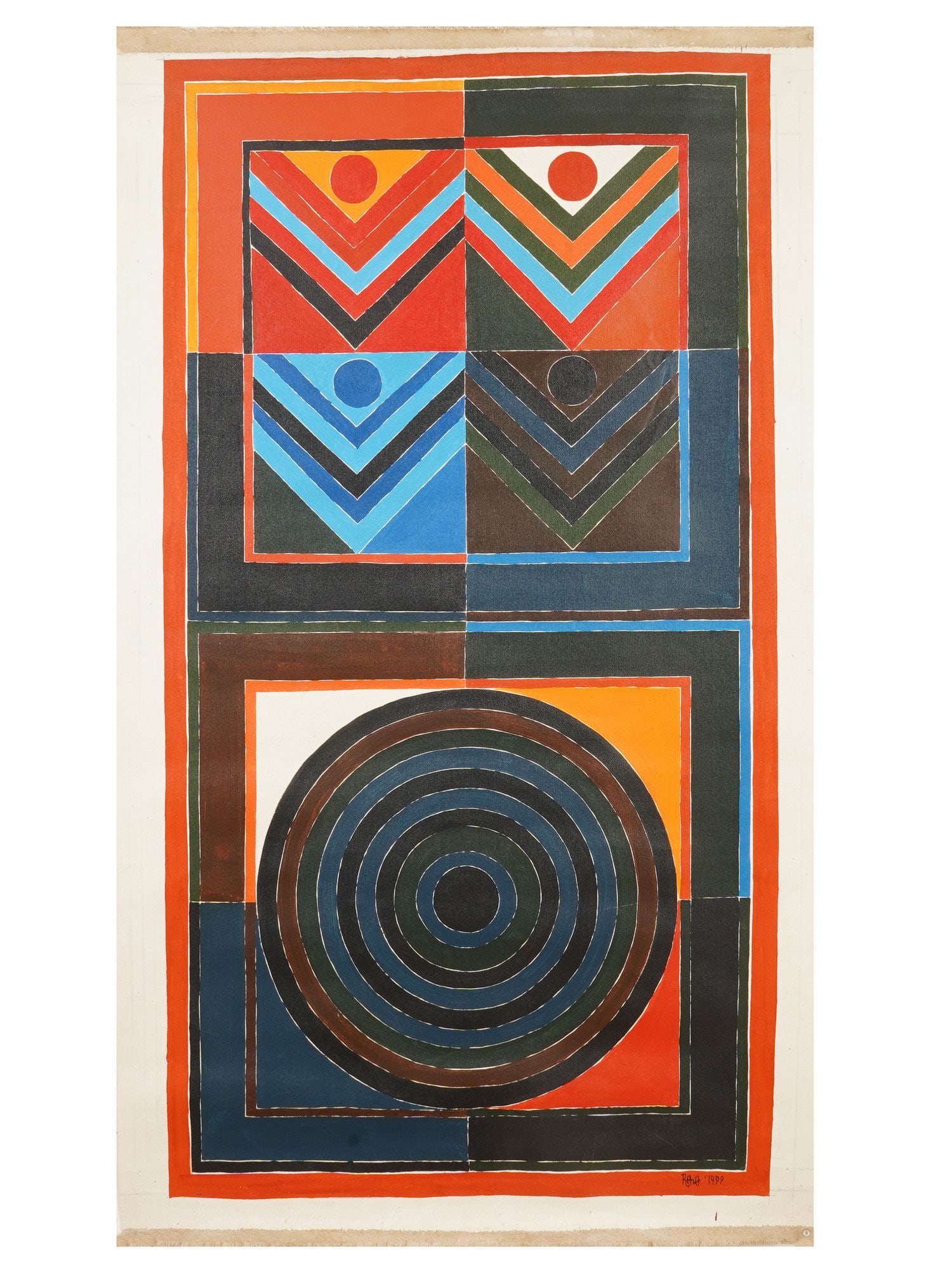 SIGNED SH RAZA INDIAN ABSTRACT PAINTING WITH COA: An acrylic on canvas painting, signed Sayed Haider Raza, or S.H. Raza, Indian, 1922 to 2016. The artwork depicts an abstract ornamental composition. Signed and dated 1999 in the bottom right. Addition