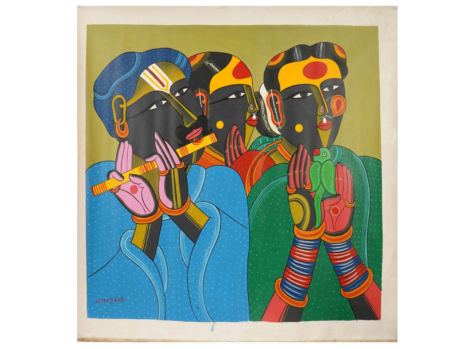 INDIAN SCHOOL PAINTING SIGNED THOTA VAIKUNTAM W COA: A mid-century Indian School, acrylic on canvas painting, signed Thota Vaikuntam, one of Indias most distinctive contemporary artists. Signed lower left. Renowned for his vibrant portrayals of rural Te