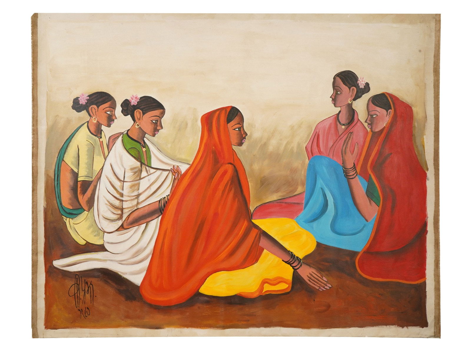 MID CENTURY INDIAN OIL PAINTING SIGNED B PRABHA: A vintage Indian school oil painting on canvas titled Village Women, 1987. Signed B. Prabha, 1933 to 2001, an artist known for her iconic depictions of rural Indian life. Comes with a certificate of a