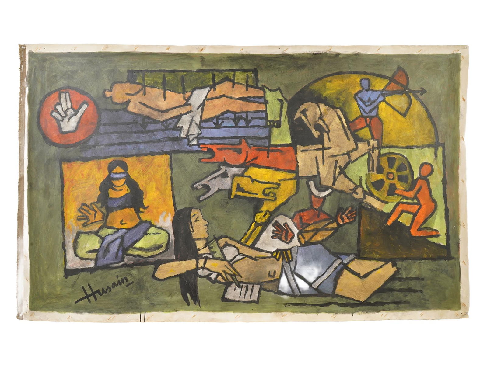 ACRYLIC PAINTING SIGNED M F HUSAIN WITH COA: An acrylic on canvas painting signed lover left, Husain. Completed with a certificate of authenticity. The artwork depicts a genre scene with figures and horses. Maqbool Fida Husain, Indian, English,