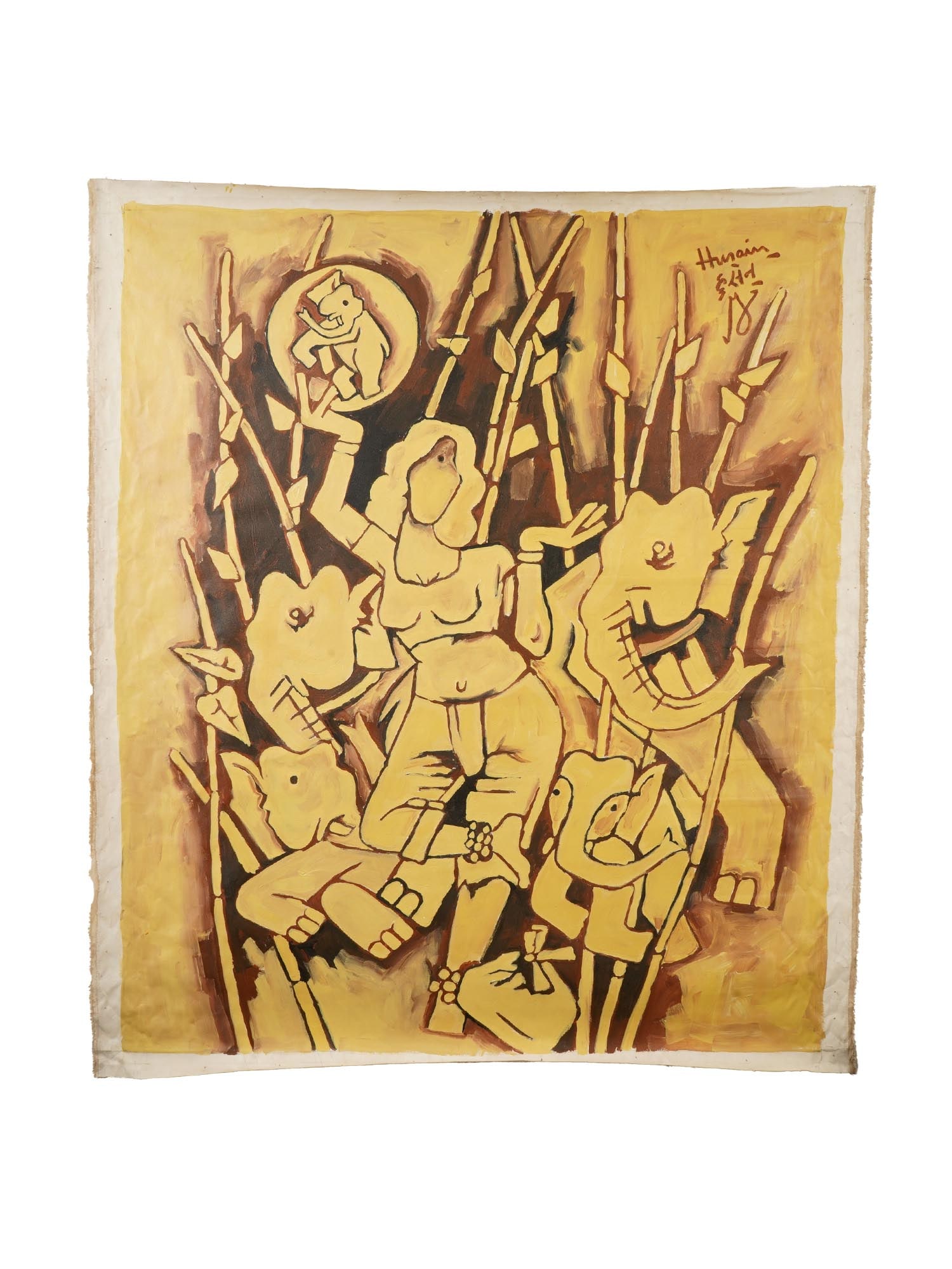 INDIAN OIL PAINTING SIGNED MAQBOOL FIDA HUSAIN W COA: An oil painting on canvas depicting a Religious genre scene. Signed, Husain, and probably dated, upper right. The artwork comes with a certificate of authenticity, signed. Maqbool Fida Husain, Indian,