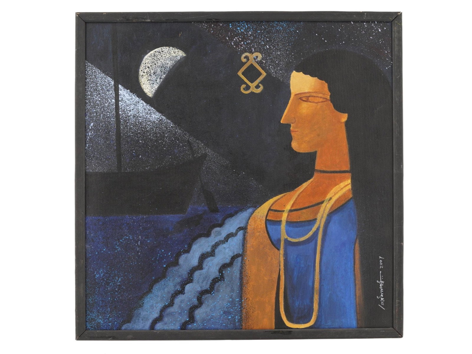 MID CENTURY INDIAN PAINTING FEMALE FIGURE BY THE SEA: A mid-century Indian oil painting on canvas, depicting a solitary female figure by the sea beneath a moonlit sky, with a boat receding into the background. Signed and dated lower right. Indian Paintin