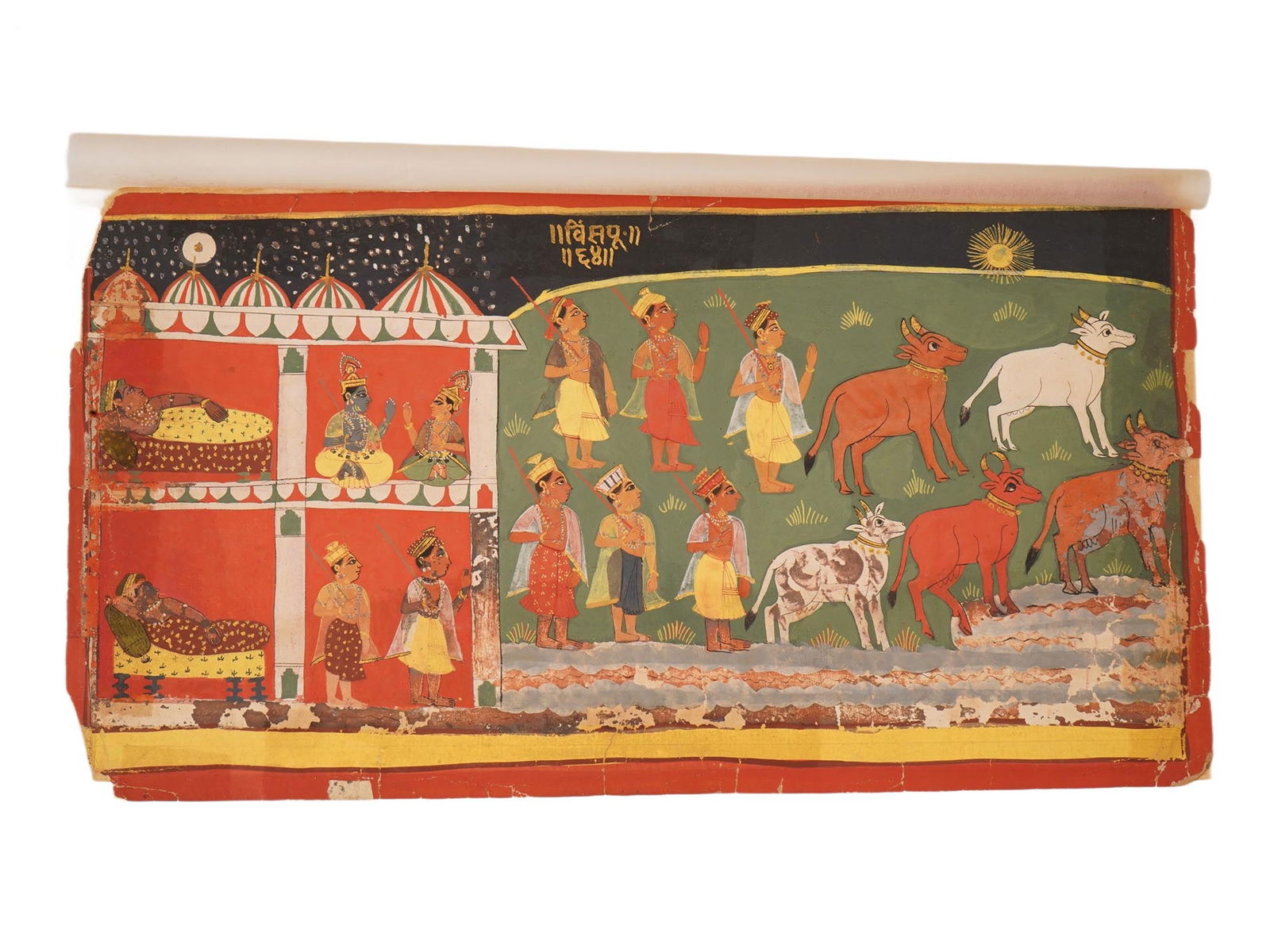 ANTIQUE INDIAN MUGHAL DOUBLE SIDED MINIATURE PAINTING: An antique Indian Mughal miniature painting on manuscript leaf dating from approximately the 1800s to early 1900s. The artwork presents scenes from the life of Krishna, particularly episodes with the