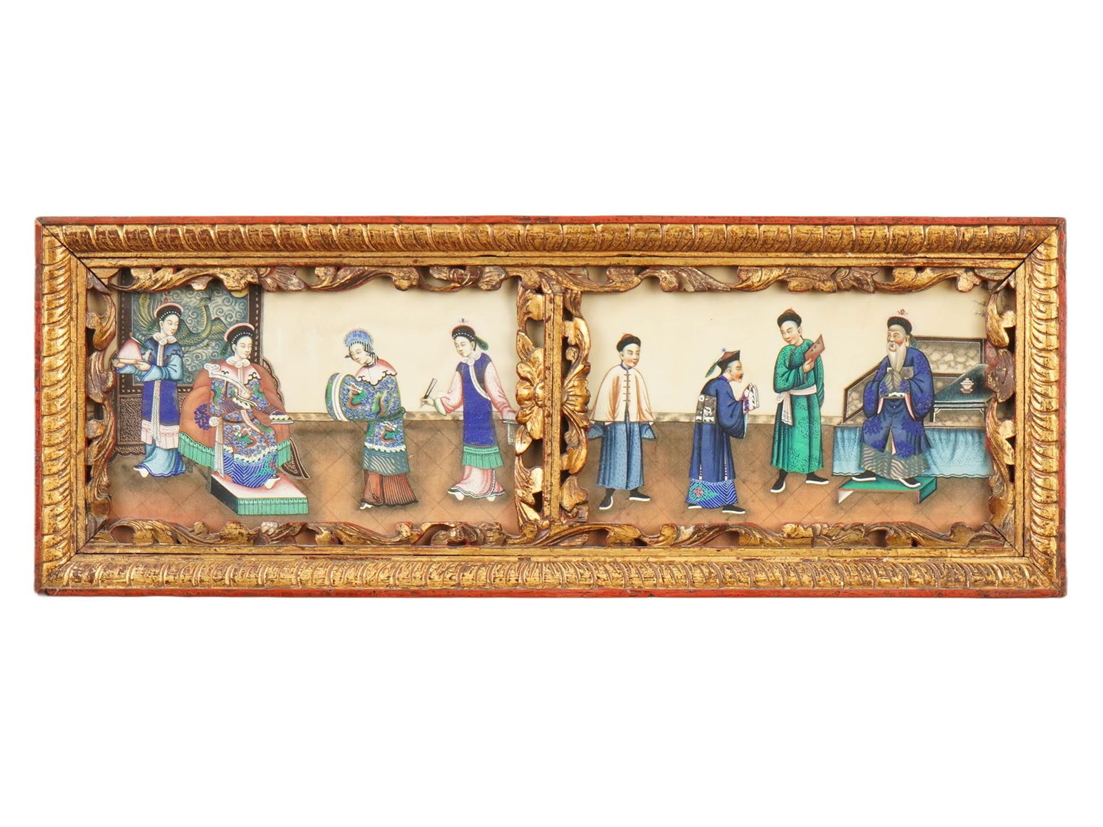 ANTIQUE CHINESE QING PAINTING ON RICE PAPER: An antique Chinese painting, gouache and ink on rice paper. Qing era, late 19th century. Diptych composition, a noblewoman with her entourage and an elder with his disciples. Unsigned. Framed. Collect