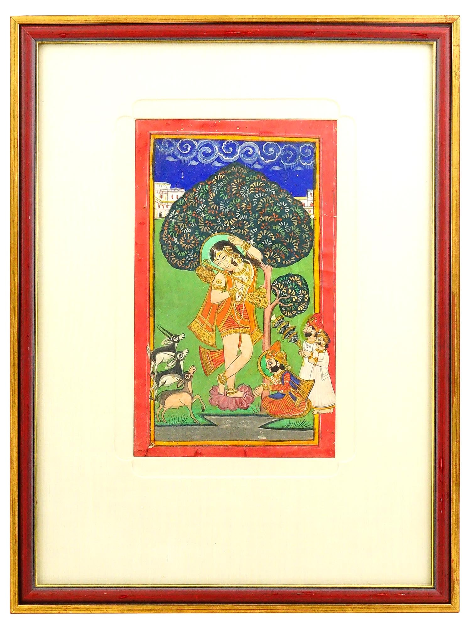 ANTIQUE INDIAN MUGHAL MIXED MEDIA MINIATURE PAINTING: An antique Indian Mughal Art mixed media, gouache and gold leaf, miniature painting. The artwork depicts a courtyard scene with animals and servants. Framed. Collectible Oriental Islamic Art And Decor