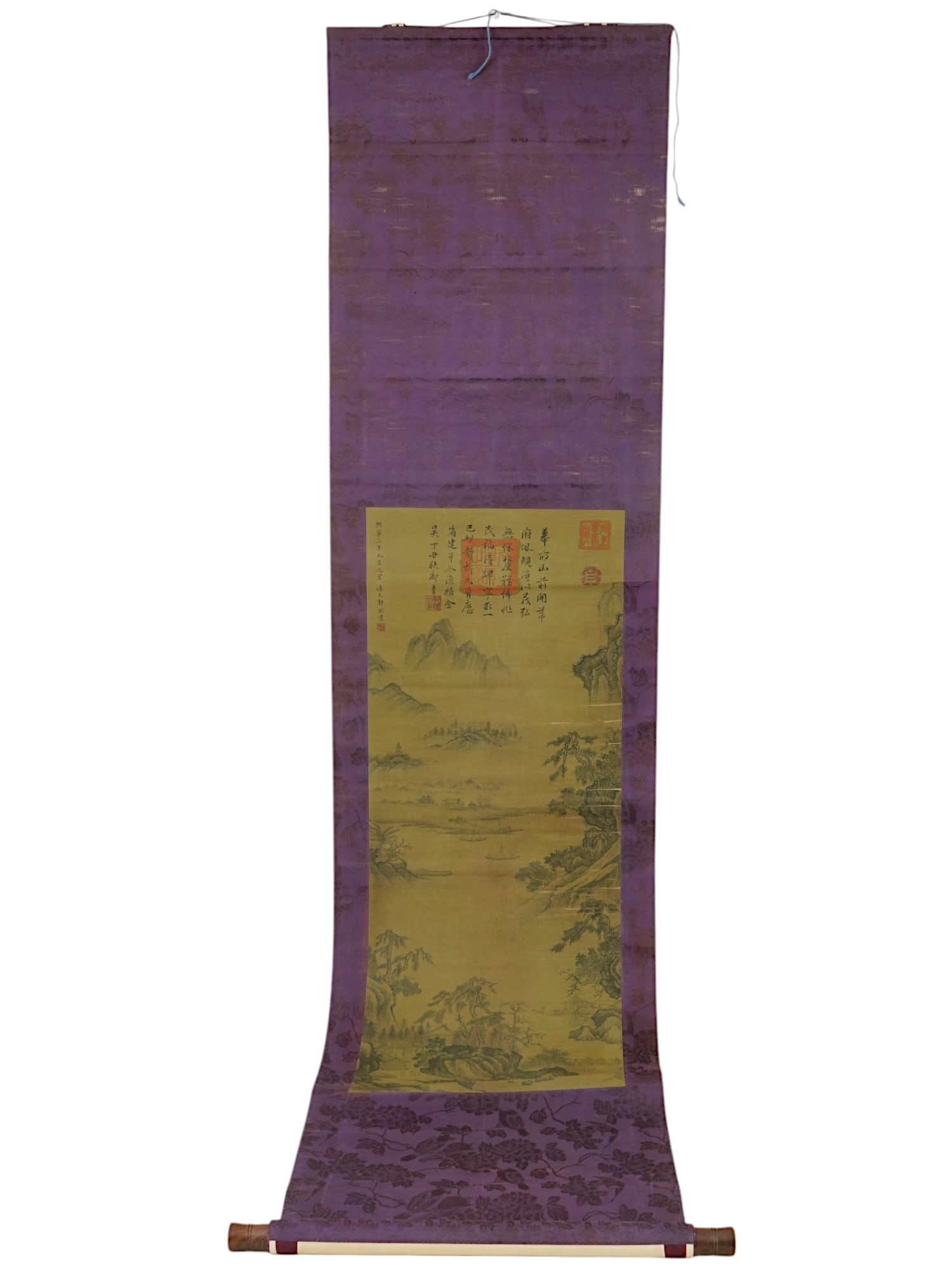 ATTR TO GUO XI CHINESE PAINTING ON SILK SCROLL: Attributed to Guo Xi Chinese vertical ink and watercolor painting on silk scroll depicting a mountain river landscape. Inscribed and signed with Calligraphy, and red stamps, in the upper part. Guo Xi,