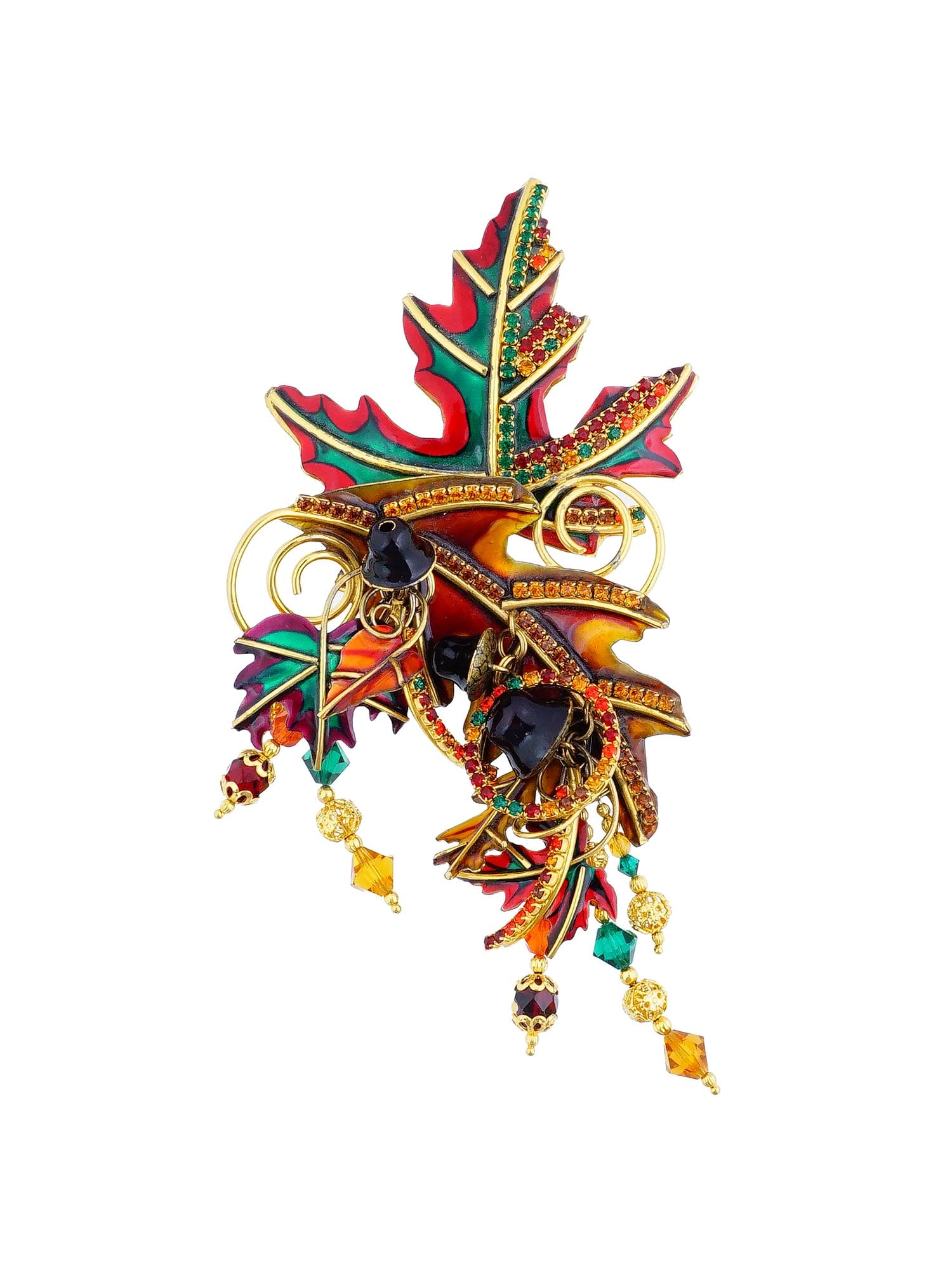 VINTAGE LUNCH AT THE RITZ COSTUME JEWELRY PIN BROOCH: A vintage Lunch at The Ritz costume jewelry pin brooch. The brooch showcases a design featuring swirling gold tone metal and autumnal hues. A rich blend of reds, greens, and golds, reminiscent of fall