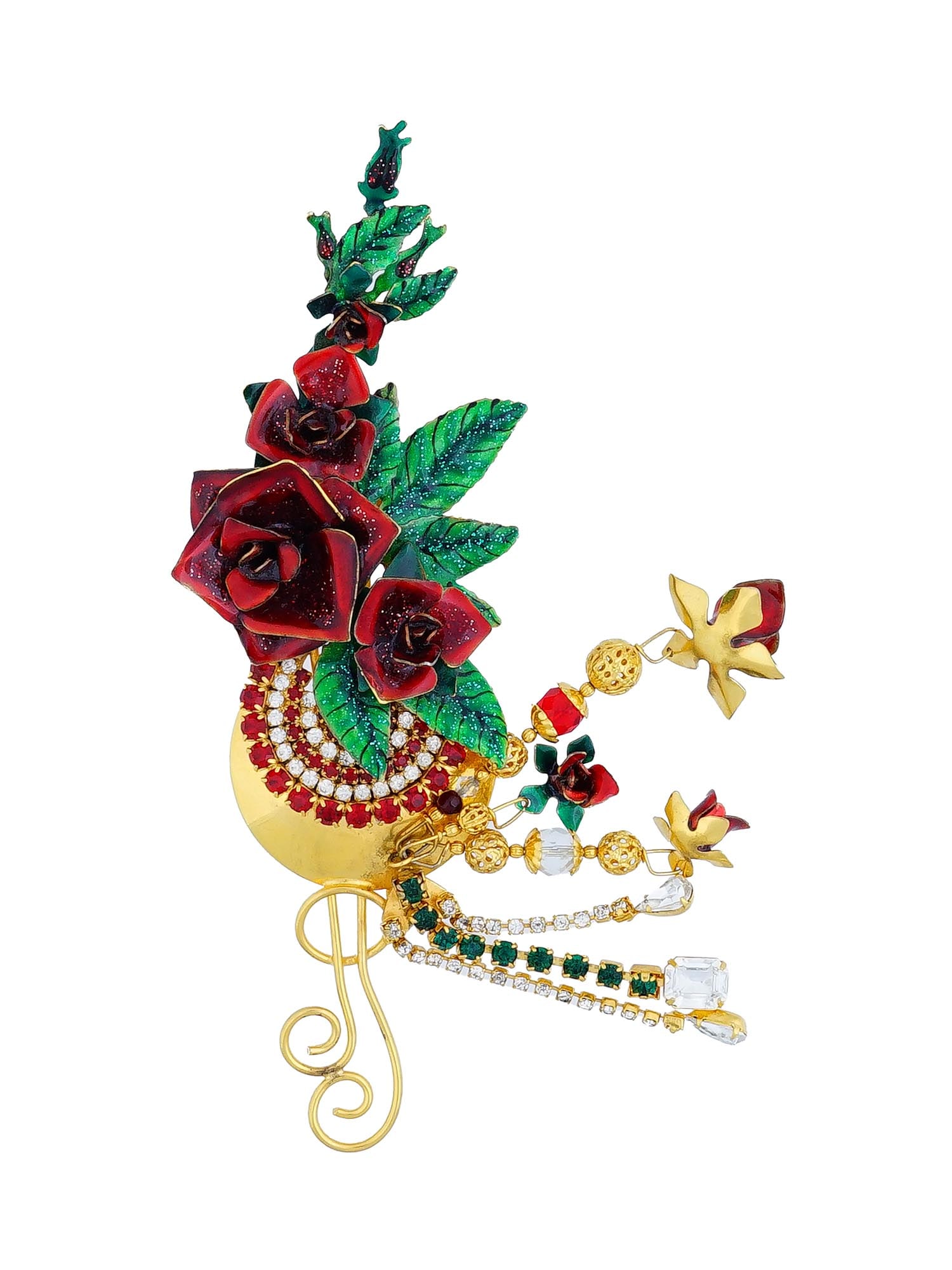 LUNCH AT THE RITZ COSTUME JEWELRY ROSE PIN BROOCH: A Lunch at The Ritz costume jewelry dangle pin brooch. The brooch showcases a floral motif with sculptural roses in rich shades of red, complemented by golden accents. The brooch is encrusted with fau
