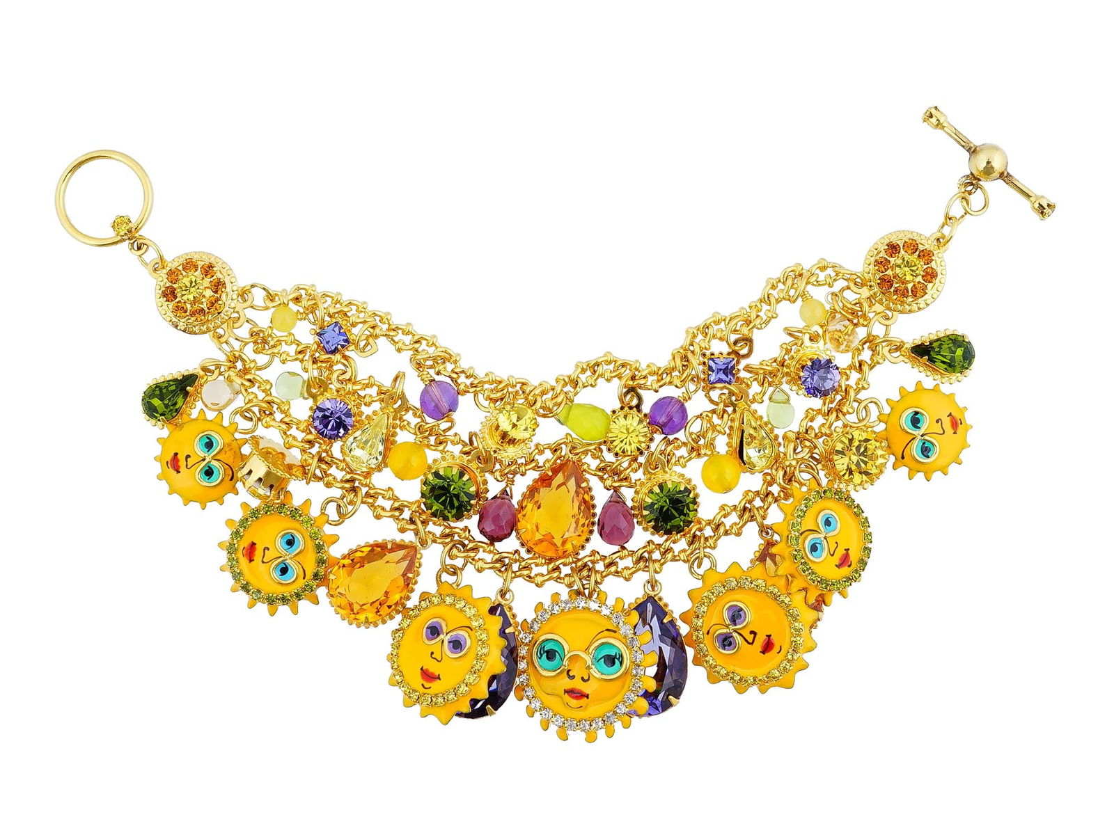 LUNCH AT THE RITZ SUN COSTUME JEWELRY BRACELET: A Lunch at The Ritz costume jewelry bracelet. The bracelet features an intricate design adorned with sun motifs, each crafted with colorful accents. A multi layered structure showcasing golden sun cha