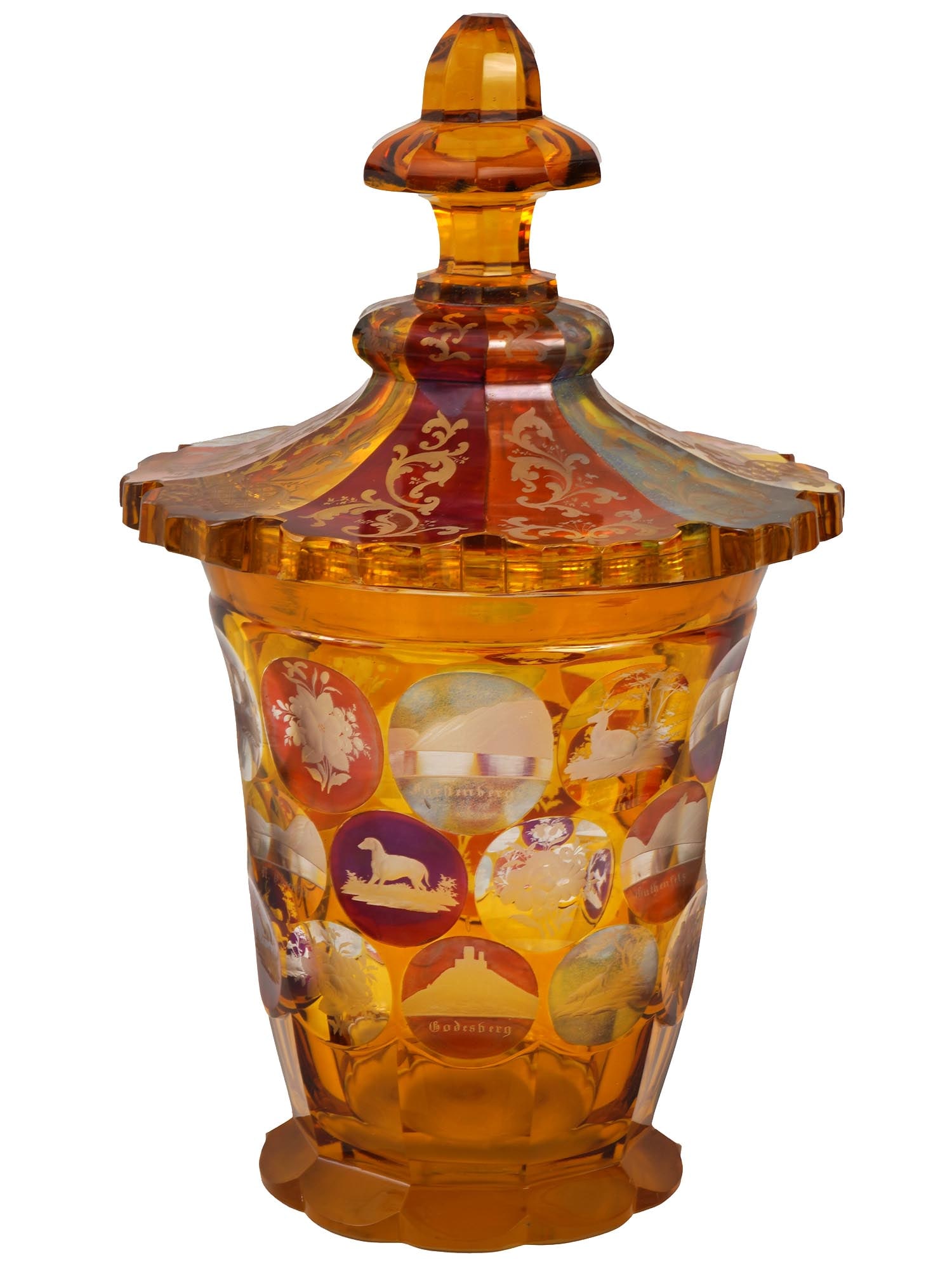 LARGE BOHEMIAN GLASS VASE WITH ENGRAVED IMAGES (1 of 6)