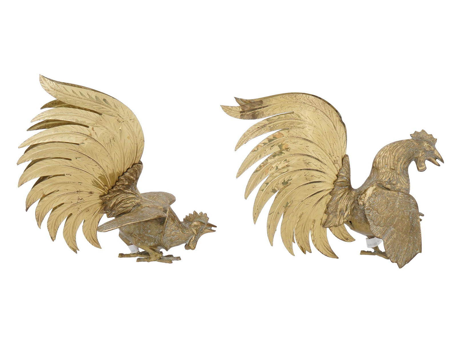 LOT OF TWO BRASS ROOSTER FIGHTING SCULPTURES: A lot of two brass roosters depicting an aggressive fighting stance, capturing dynamic poses. Fine detail work. Home Decor Items For Interior Design. THIS LOT IS ELIGIBLE FOR A 30-DAY UNCONDIT