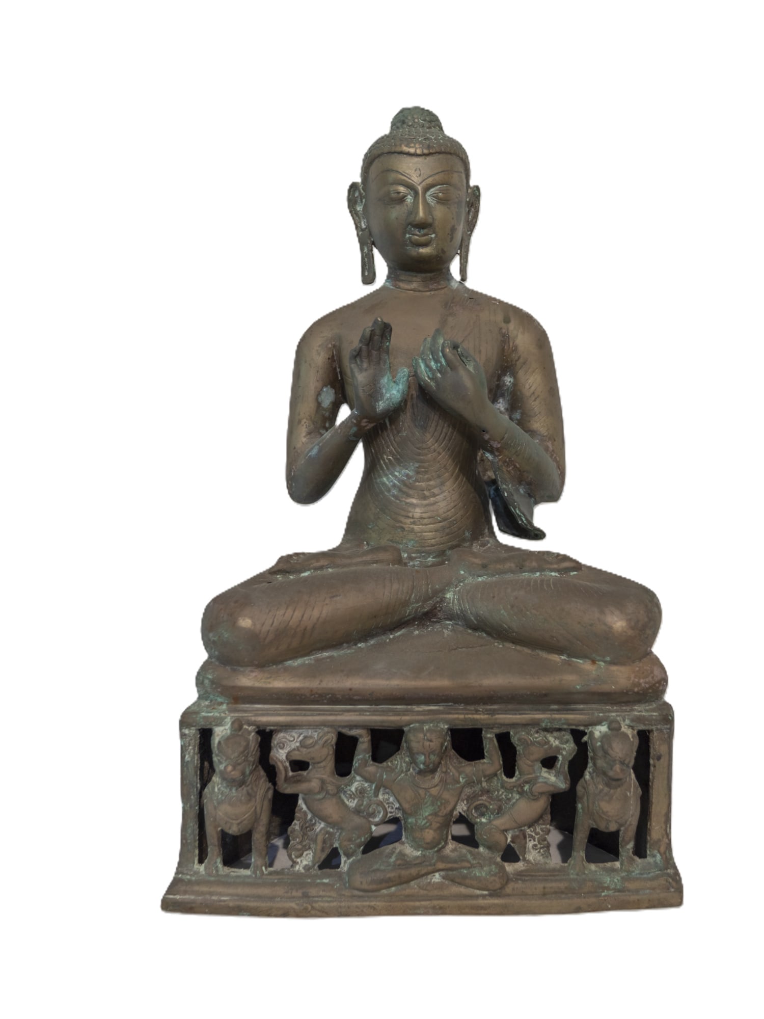 SOUTHEAST ASIAN BRONZE SEATED BUDDHA ON FIGURAL PEDESTAL (1 of 5)