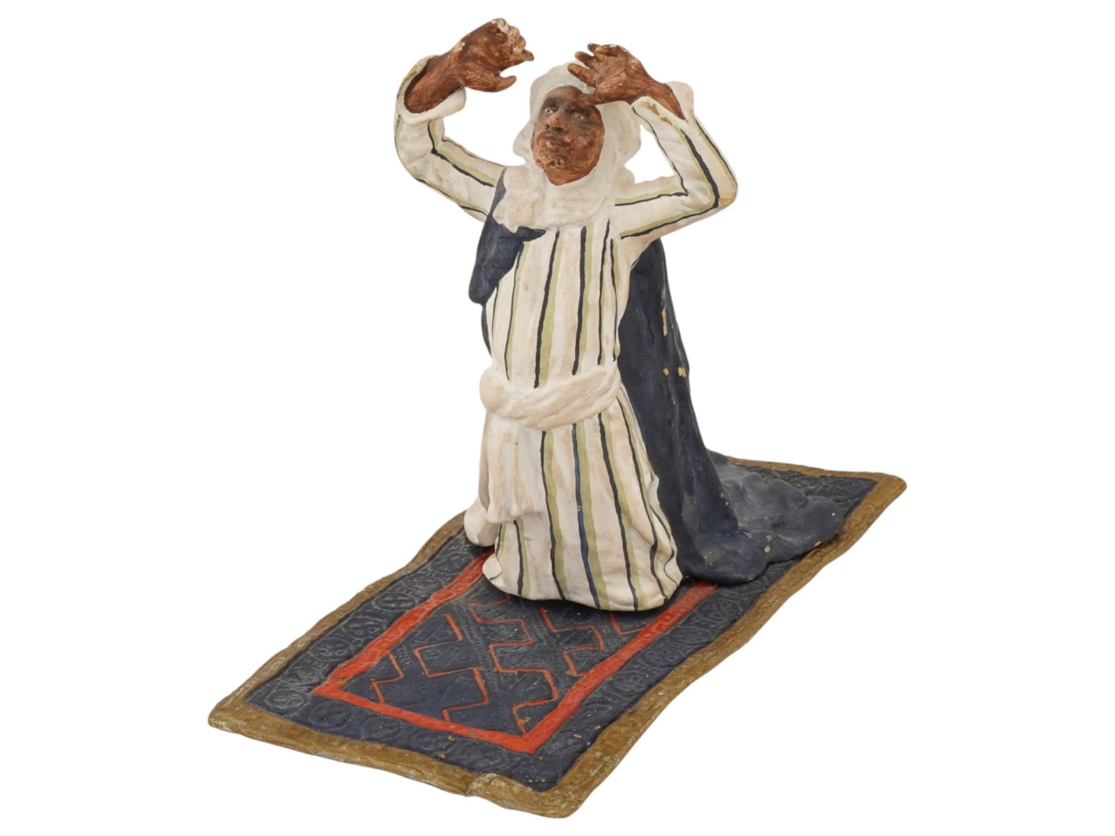 AUSTRIAN VIENNA PRAYING MAN BRONZE CARD HOLDER: An Austrian Viennese cold painted cast bronze figural card holder. The figurine depicts a Namaz scene with a man praying on his knees, made in the manner of Franz Xavier Bergman, Austrian, 1861 to