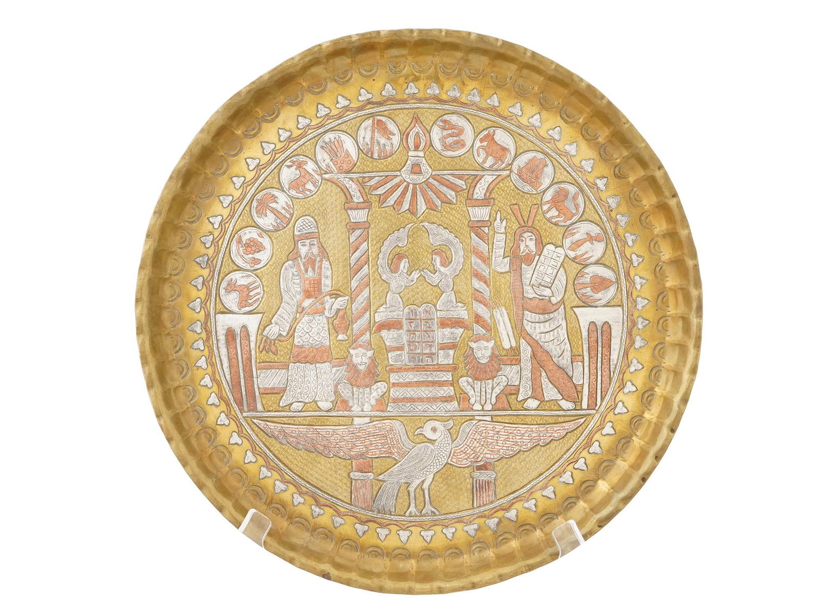 ANTIQUE JUDAICA BRASS TRAY INLAID W SILVER AND COPPER: An antique Judaica brass tray inlaid with silver and copper. Round in shape with elevated rims. The piece is richly garnished with complex, stylized Judaica scenes and ornaments. Oriental Judaica